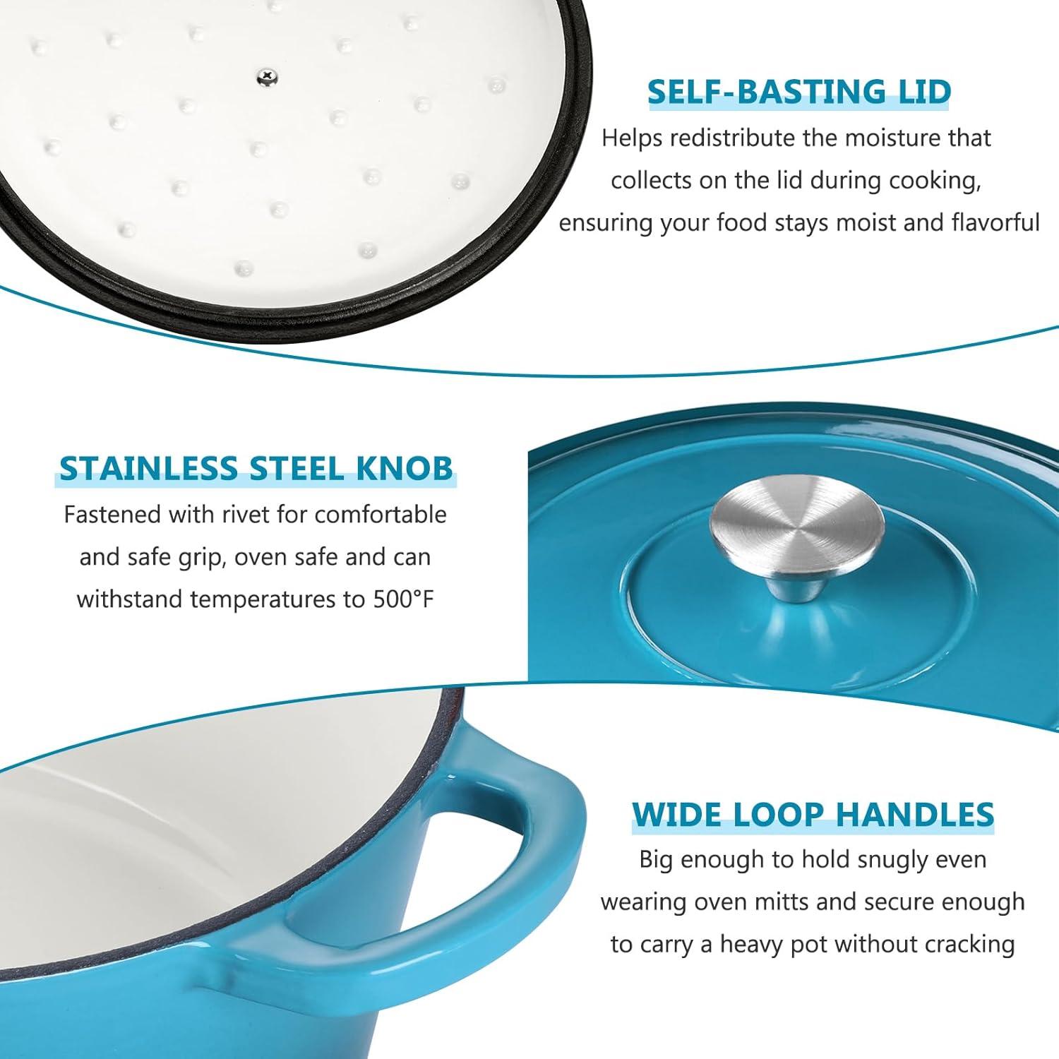 imageEfar 6 Quart Enameled Cast Iron Dutch Oven with Lid Round Dutch Oven Pot Nonstick Cookware for Braising Stews Roasting Bread Baking Cooking Heavy Duty Induction amp Oven Safe BlueTeal Mist