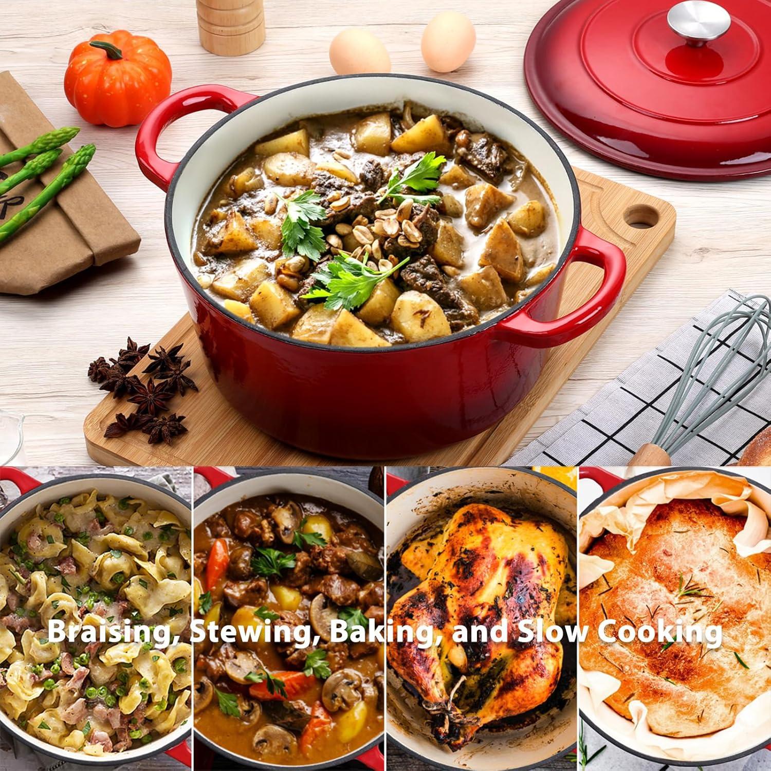 imageEfar 6 Quart Enameled Cast Iron Dutch Oven with Lid Round Dutch Oven Pot Nonstick Cookware for Braising Stews Roasting Bread Baking Cooking Heavy Duty Induction amp Oven Safe BlueRed