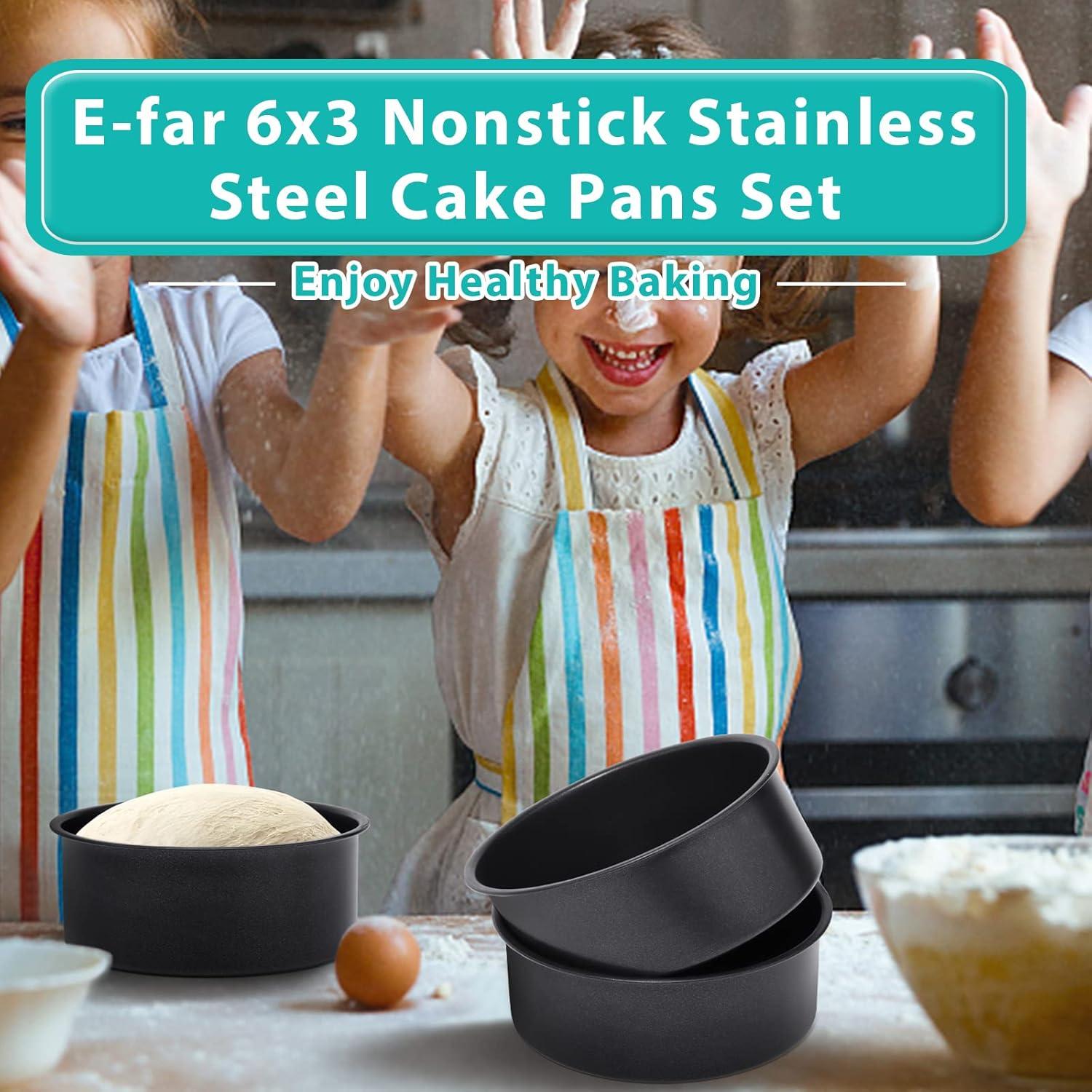 imageEfar 6 x 3 Inch Cake Pan Set of 3 Deep Stainless Steel Small Round Cake Pans Tin for Baking Birthday Wedding Layer Cakes Stainless Steel Core amp Nontoxic Nonstick Coating Deep amp Straight Side2
