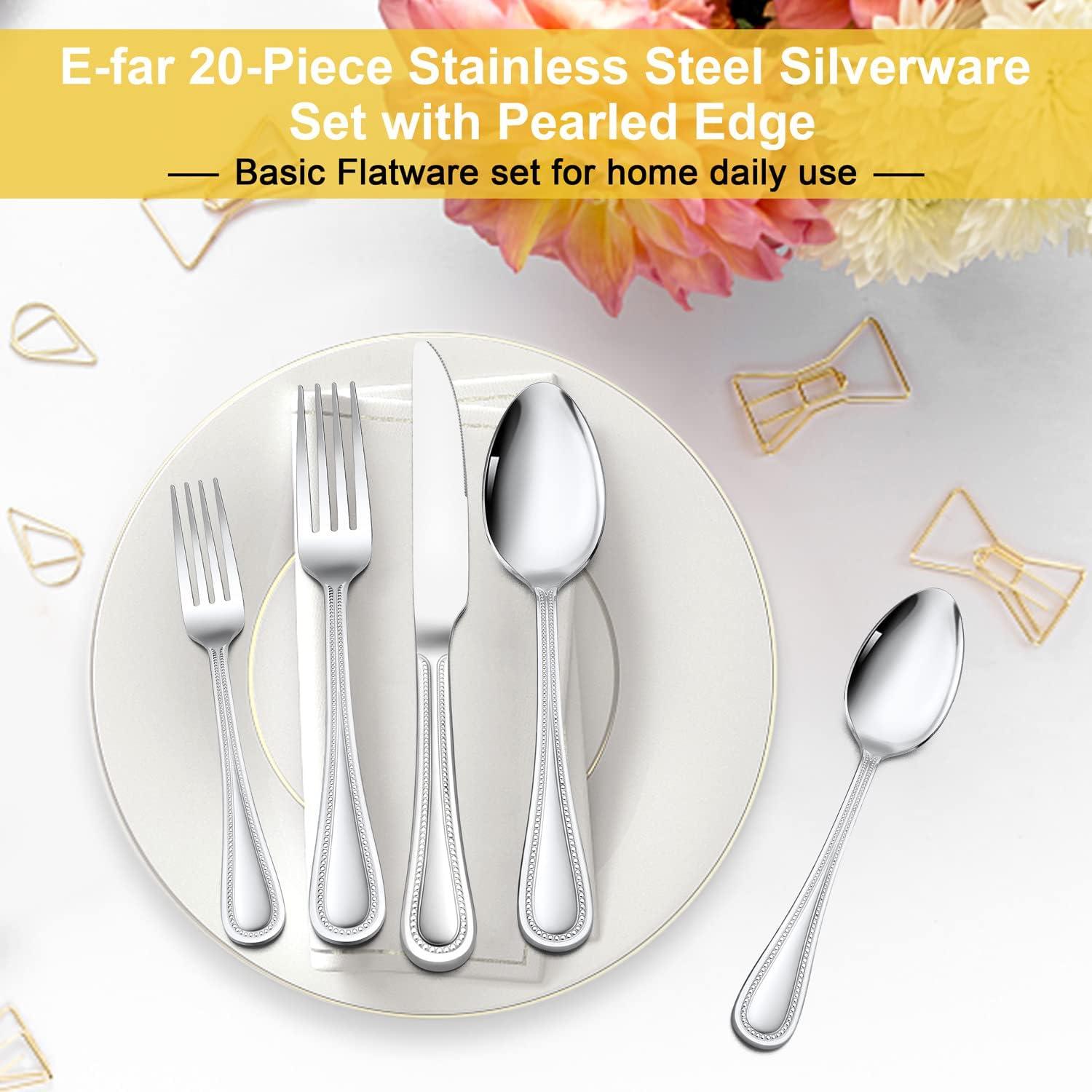 imageEfar 60Piece Silverware Set for 12 Stainless Steel Flatware Cutlery Set with Pearled Edge Include Forks Spoons and Knives Modern Tableware Eating Utensils for Kitchen Restaurant Dishwasher SafeSilver