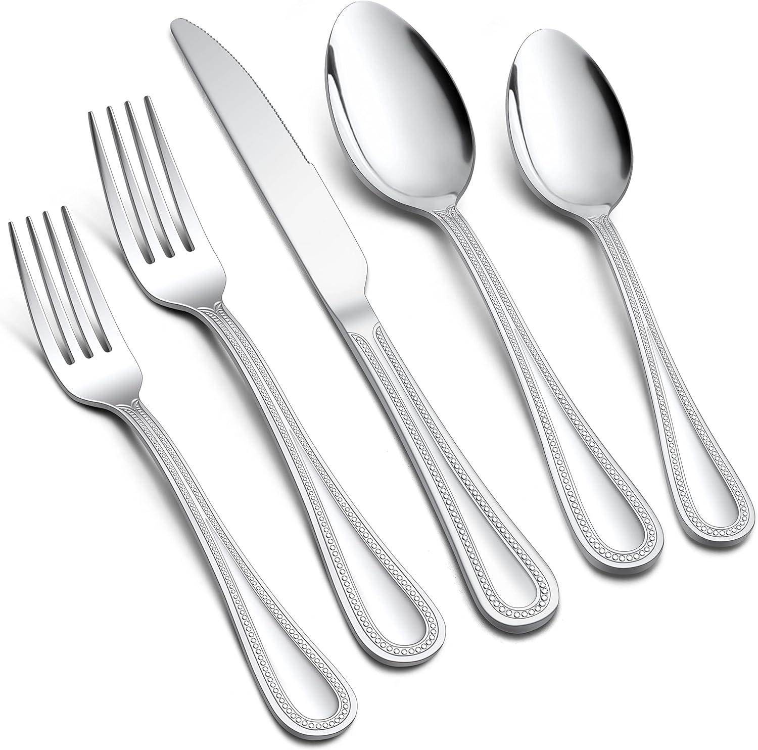 imageEfar 60Piece Silverware Set for 12 Stainless Steel Flatware Cutlery Set with Pearled Edge Include Forks Spoons and Knives Modern Tableware Eating Utensils for Kitchen Restaurant Dishwasher SafeSilver