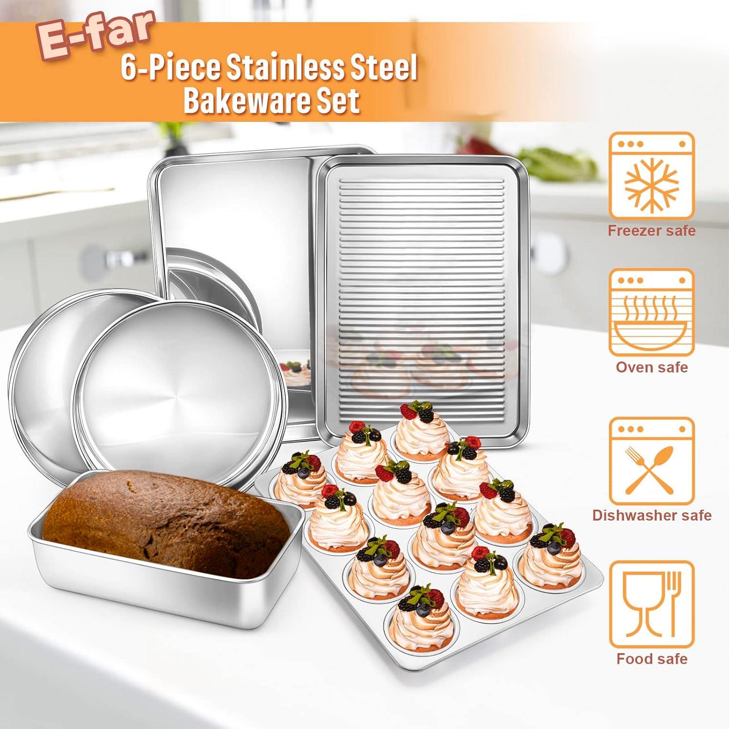 imageEfar 6Piece Baking Pans set Stainless Steel Bakeware Set for Oven Include 8Inch Cake PanRectangle Baking Cookie SheetMuffinLoaf Pan NonToxic amp Heavy Duty Dishwasher Safe6 Pieces