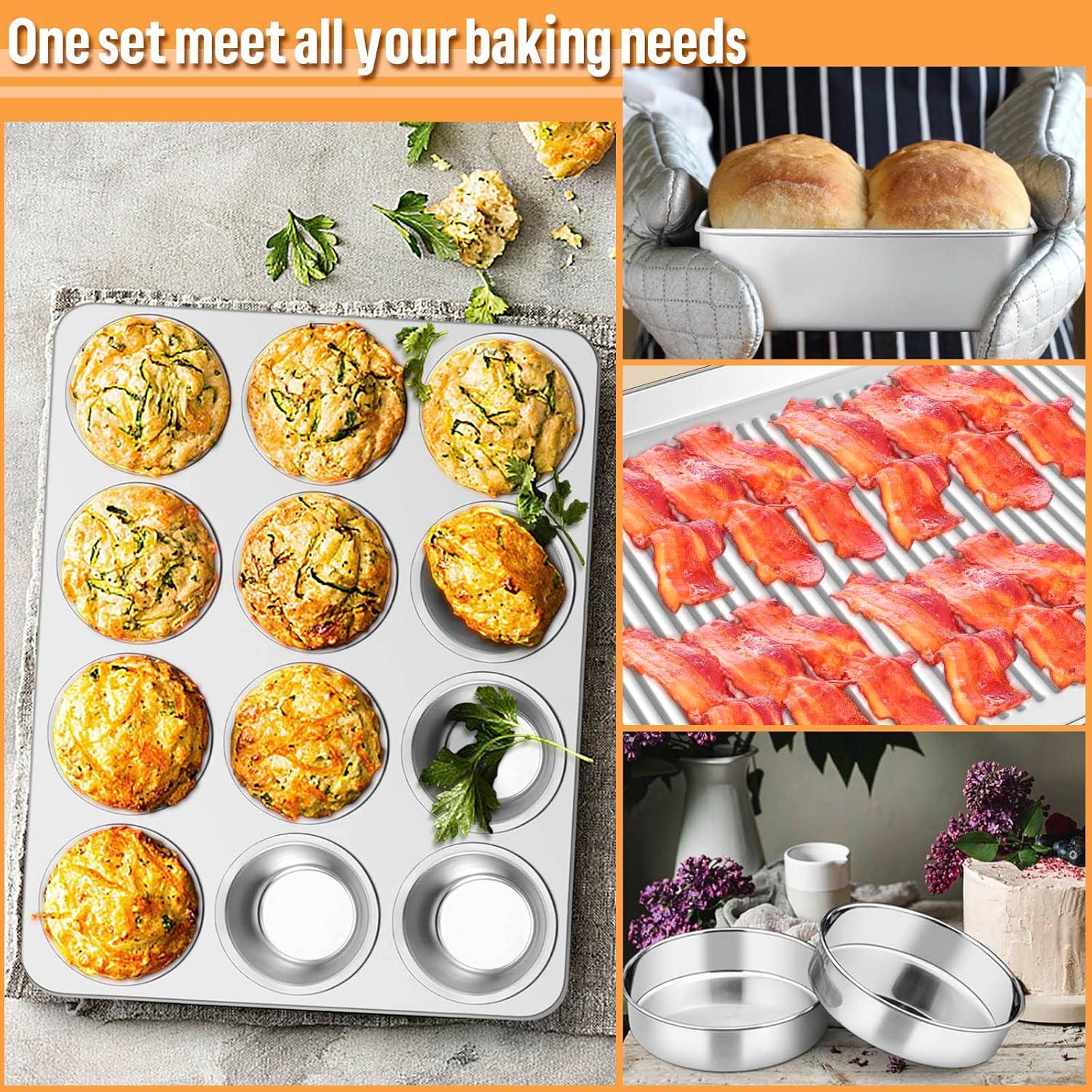 imageEfar 6Piece Baking Pans set Stainless Steel Bakeware Set for Oven Include 8Inch Cake PanRectangle Baking Cookie SheetMuffinLoaf Pan NonToxic amp Heavy Duty Dishwasher Safe6 Pieces