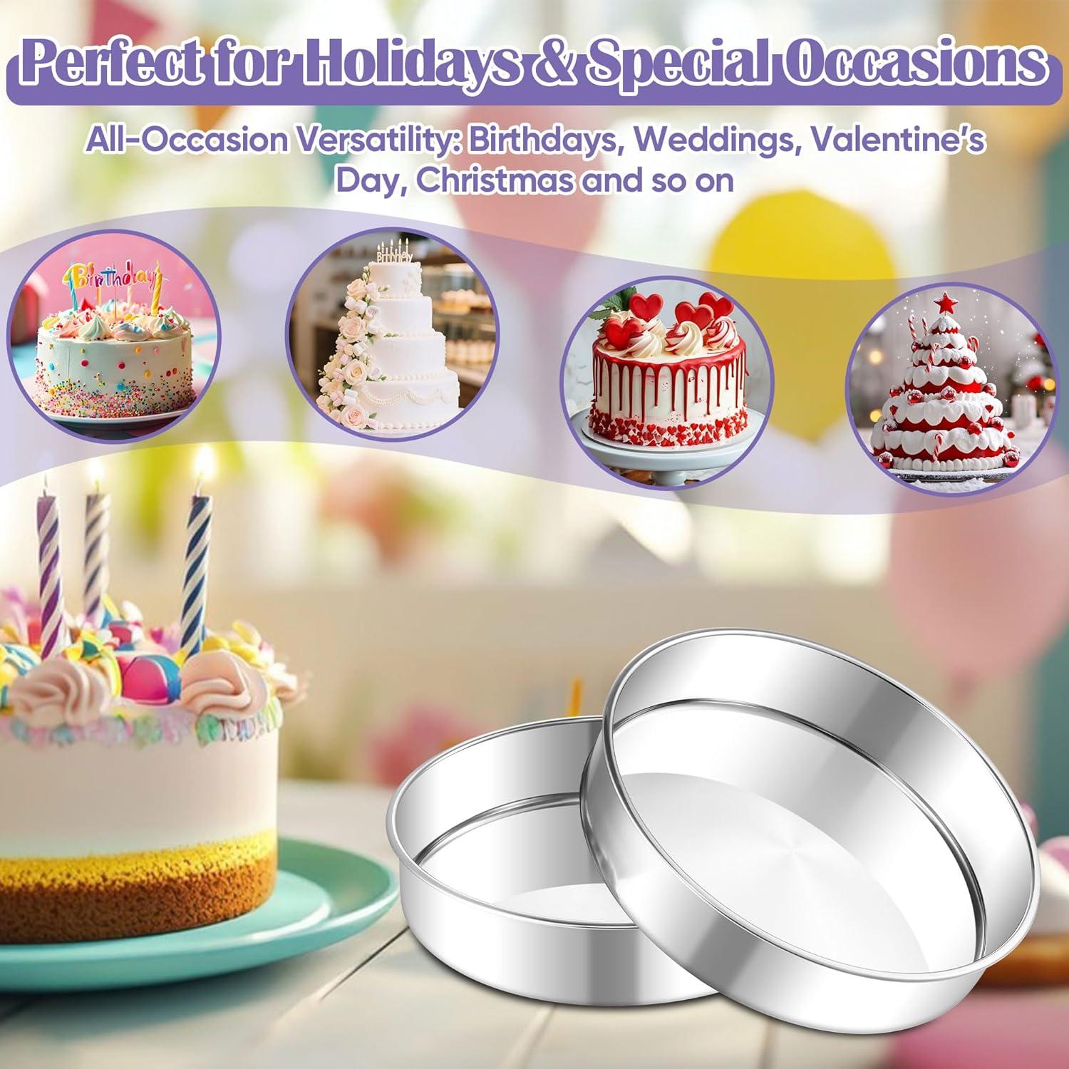 imageEfar 8 Inch Cake Pan Set of 2 Stainless Steel Round Baking Pans Tins Mold NonToxic amp LeakProof for Birthday Wedding Layer Tiered Cake Easy Clean amp Dishwasher Safe9 Inch