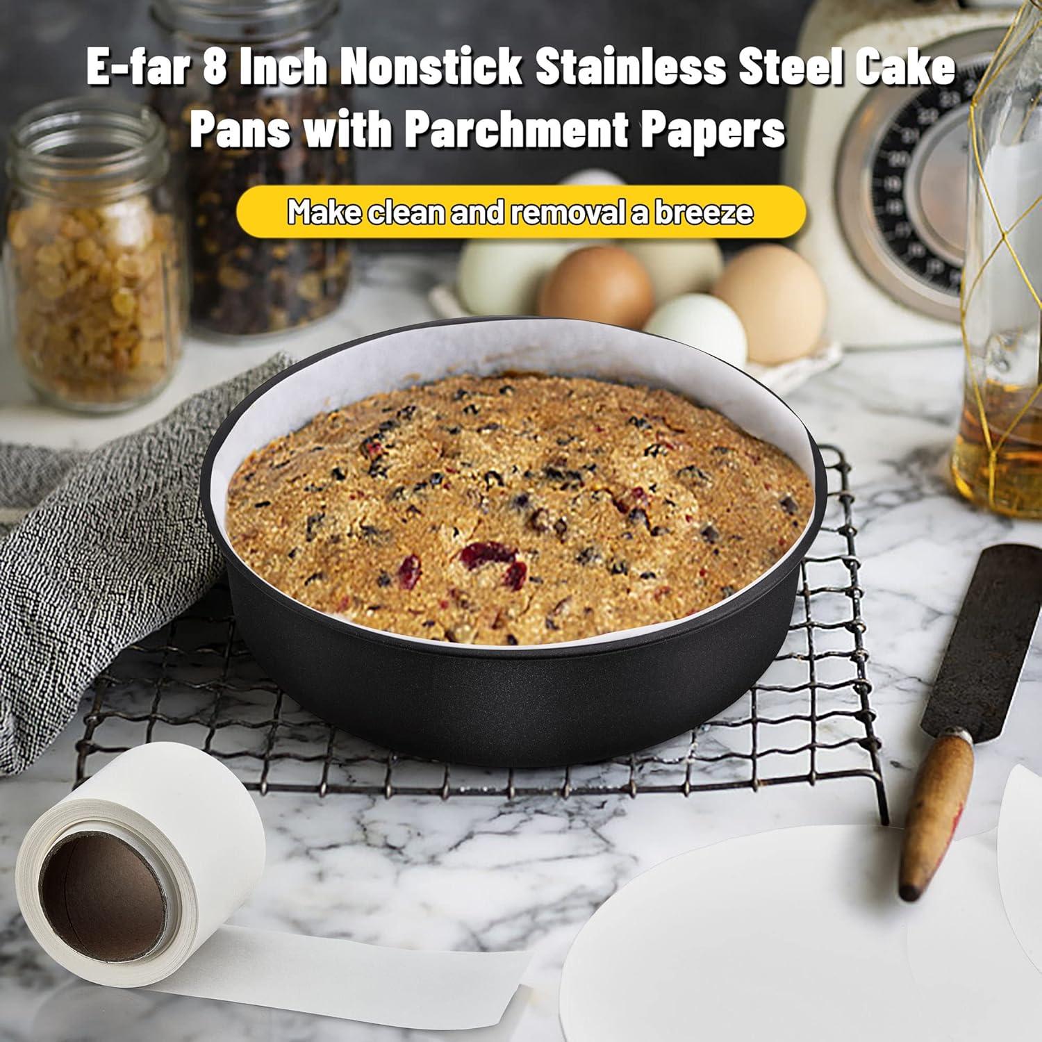 imageEfar 8 Inch Cake Pans Set of 2 Nonstick Stainless Steel Small Round Baking Pans with Parchment Paper amp Side Liner Roll Stainless Steel Core amp Nontoxic Coating Straight Side amp 2 Inch Deep8 Inches