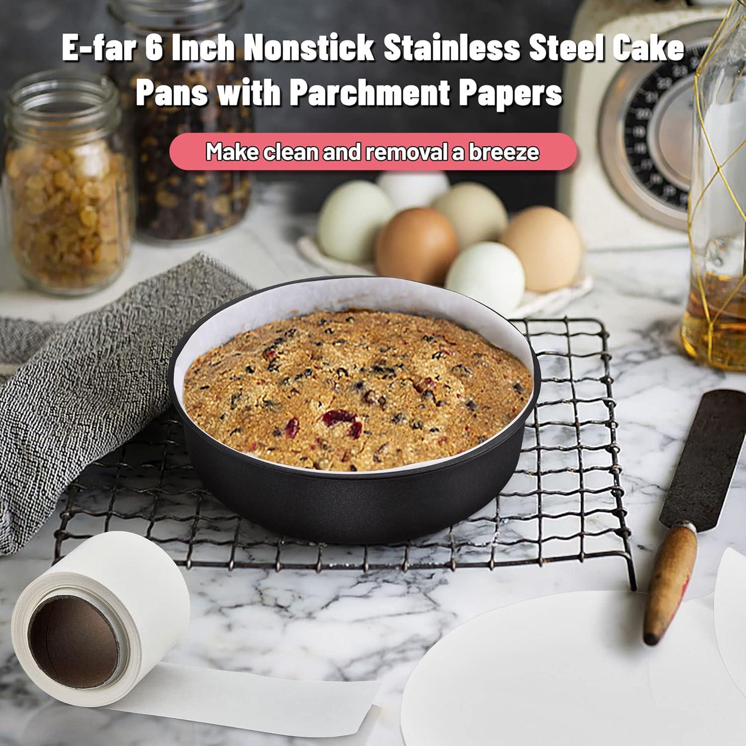 imageEfar 8 Inch Cake Pans Set of 2 Nonstick Stainless Steel Small Round Baking Pans with Parchment Paper amp Side Liner Roll Stainless Steel Core amp Nontoxic Coating Straight Side amp 2 Inch Deep6 Inches