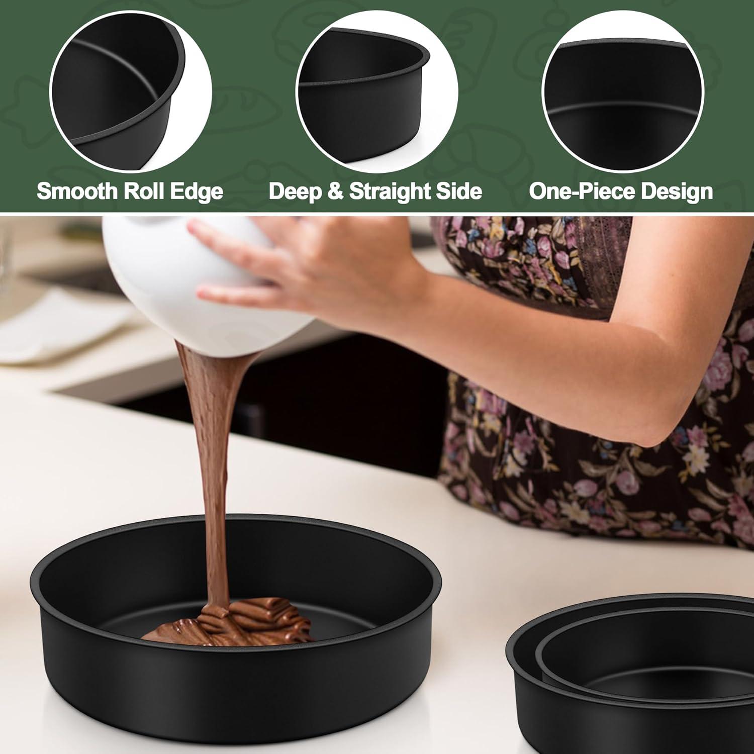 imageEfar 95 Inch Cake Pan Set of 3 Nonstick Round Baking Layer Cake Pans Stainless Steel Core amp NonToxic Coating 2 Inch Deep Black6895 Inches