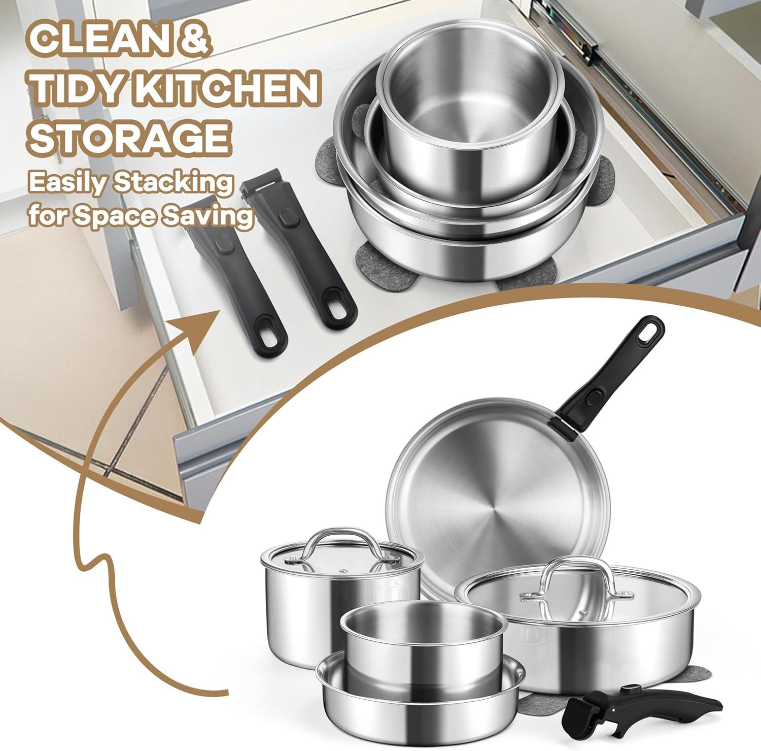imageEfar 9pcs Stainless Steel Cookware Set 3Ply Pots and Pans Set wDetachable Handle amp Lid Induction Cookware Kitchen Cooking Set for RV Camping Nontoxic Whole Clad FryingSauteSauce Pan Oven Safe