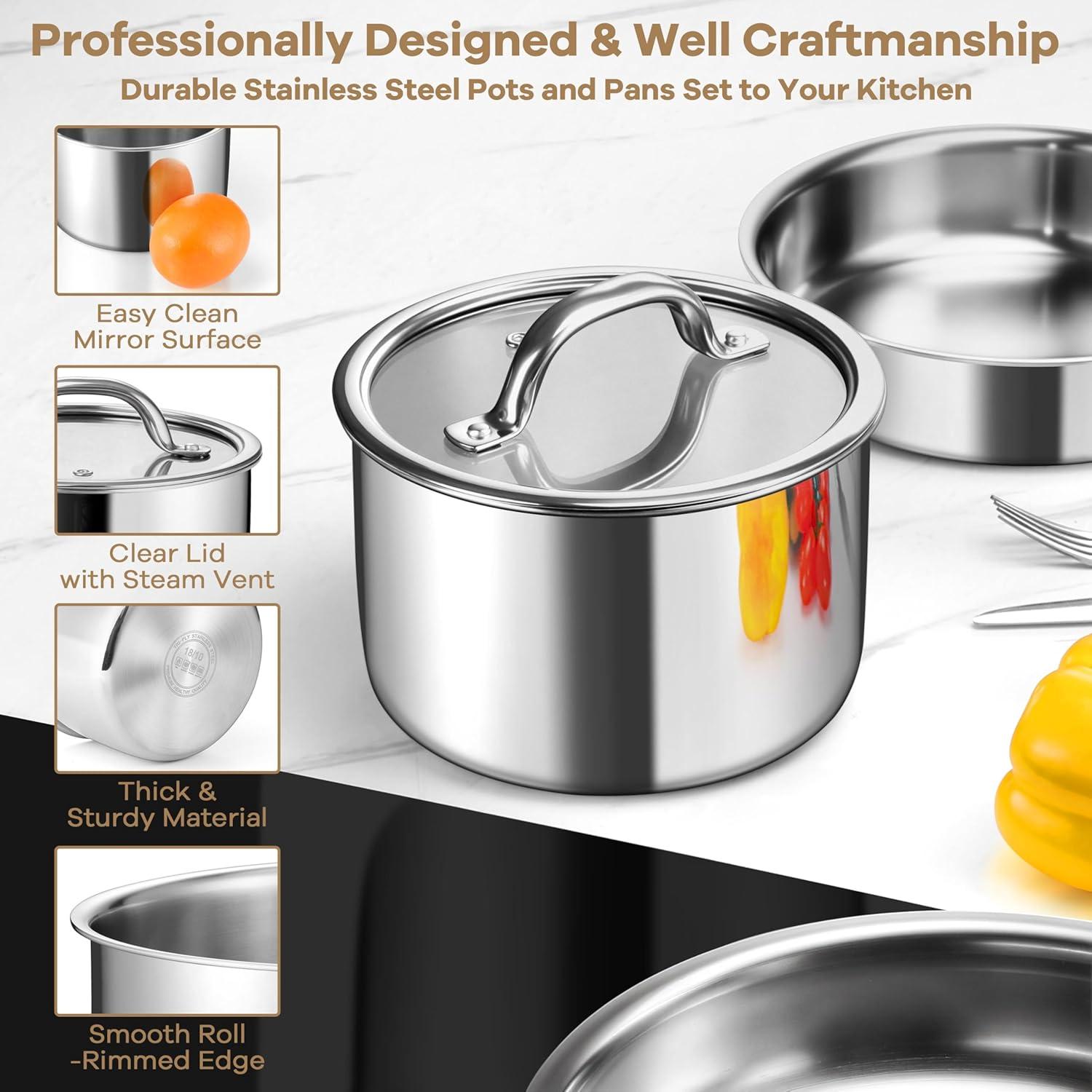 imageEfar 9pcs Stainless Steel Cookware Set 3Ply Pots and Pans Set wDetachable Handle amp Lid Induction Cookware Kitchen Cooking Set for RV Camping Nontoxic Whole Clad FryingSauteSauce Pan Oven Safe