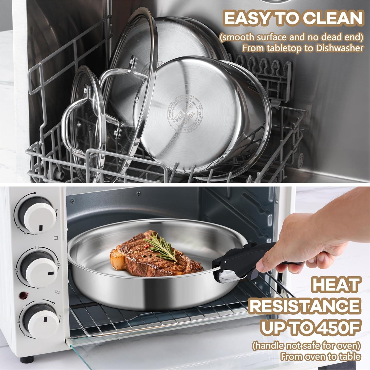 imageEfar 9pcs Stainless Steel Cookware Set 3Ply Pots and Pans Set wDetachable Handle amp Lid Induction Cookware Kitchen Cooking Set for RV Camping Nontoxic Whole Clad FryingSauteSauce Pan Oven Safe