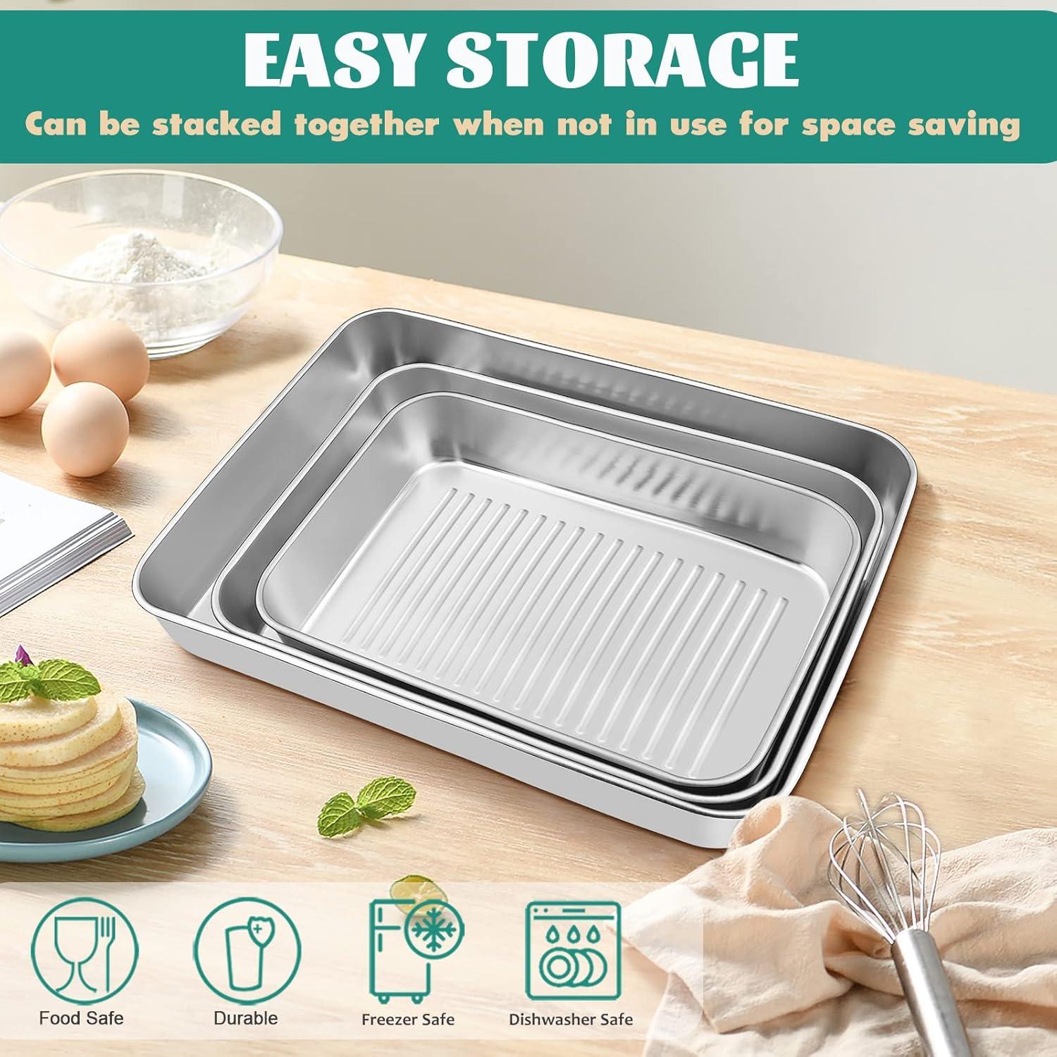 imageEfar Baking Pans Set of 3 Stainless Steel Sheet Cake Pan for Oven 12510594Inch Rectangle Bakeware Set for Cake Lasagna Brownie Casserole Cookie Nontoxic amp Healthy Dishwasher SafeCorrugated bottom