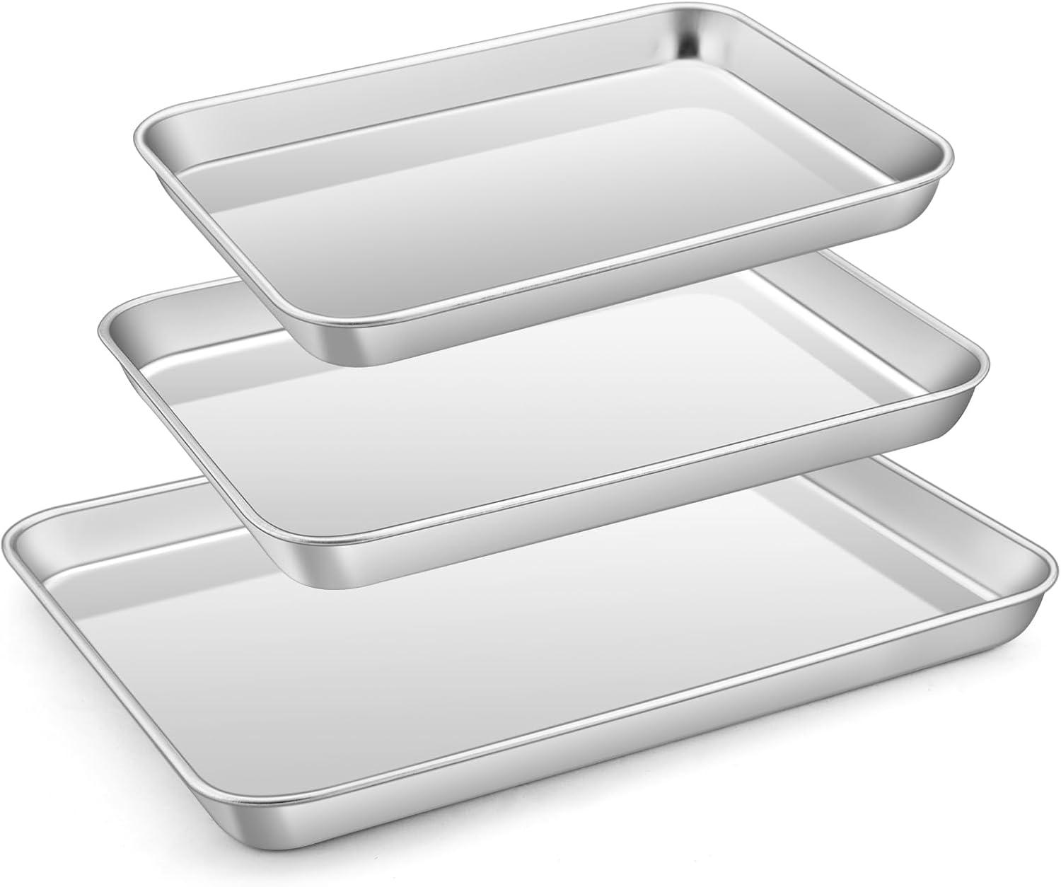 imageEfar Baking Pans Set of 3 Stainless Steel Sheet Cake Pan for Oven 12510594Inch Rectangle Bakeware Set for Cake Lasagna Brownie Casserole Cookie Nontoxic amp Healthy Dishwasher SafeFlat bottom