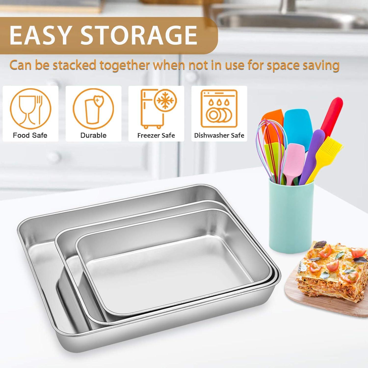 imageEfar Baking Pans Set of 3 Stainless Steel Sheet Cake Pan for Oven 12510594Inch Rectangle Bakeware Set for Cake Lasagna Brownie Casserole Cookie Nontoxic amp Healthy Dishwasher SafeFlat bottom