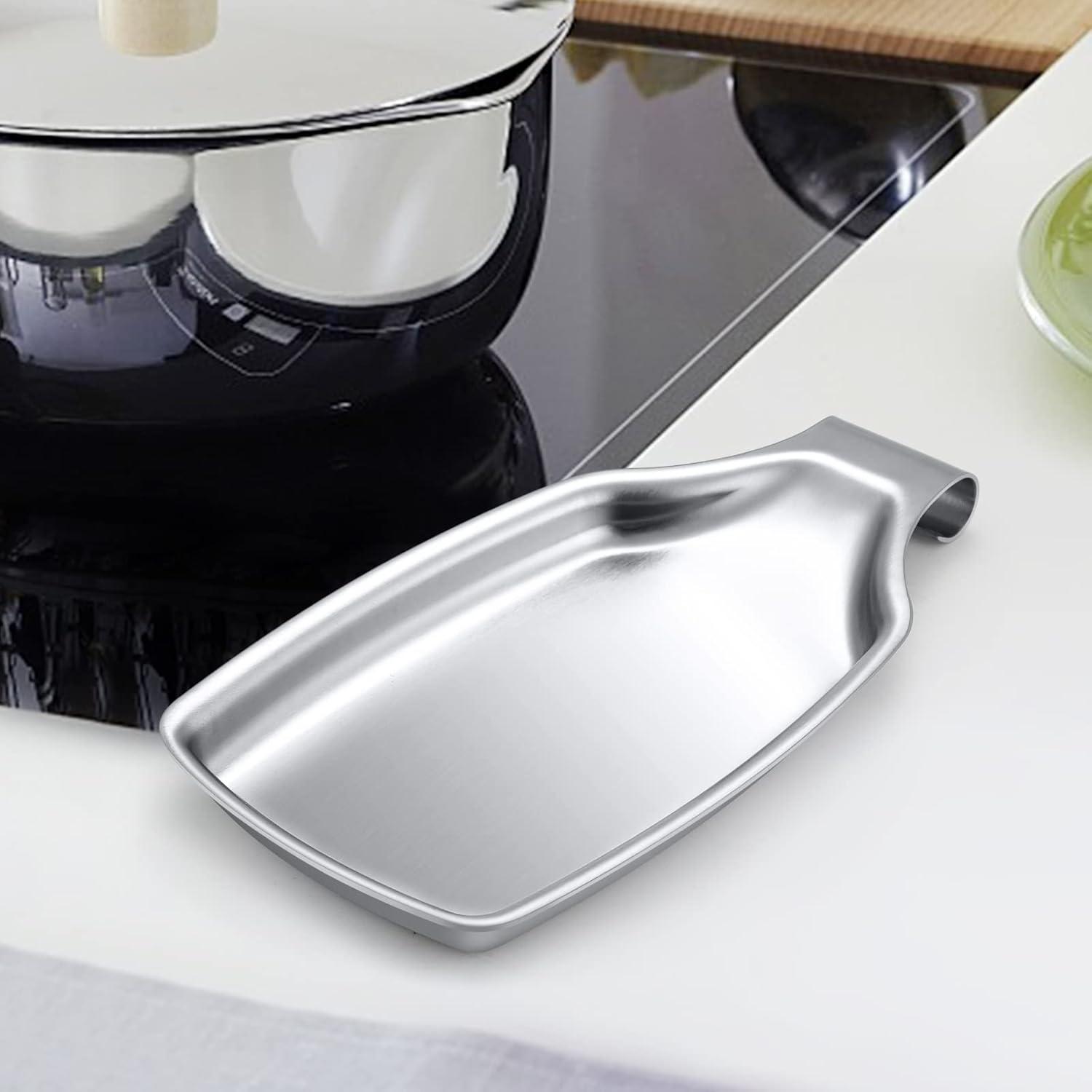 imageEfar Black Spoon Rest for Stove Top 2Piece Stainless Steel Spoon Holder for Kitchen Counter Spatula Ladle Utensils Rest Heavy Duty amp Large Size Dishwasher Safe85 x 43 InchSilver