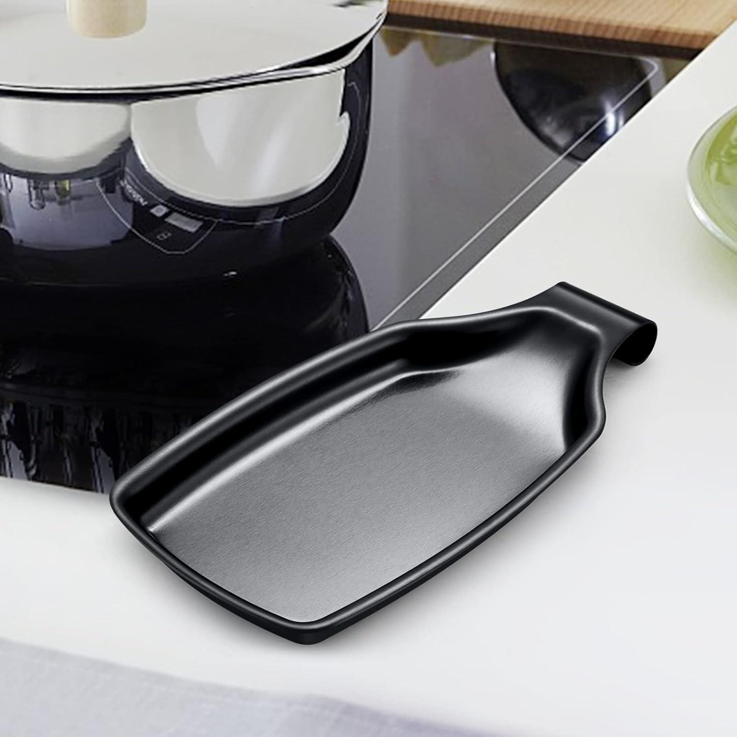 imageEfar Black Spoon Rest for Stove Top 2Piece Stainless Steel Spoon Holder for Kitchen Counter Spatula Ladle Utensils Rest Heavy Duty amp Large Size Dishwasher Safe85 x 43 InchBlack