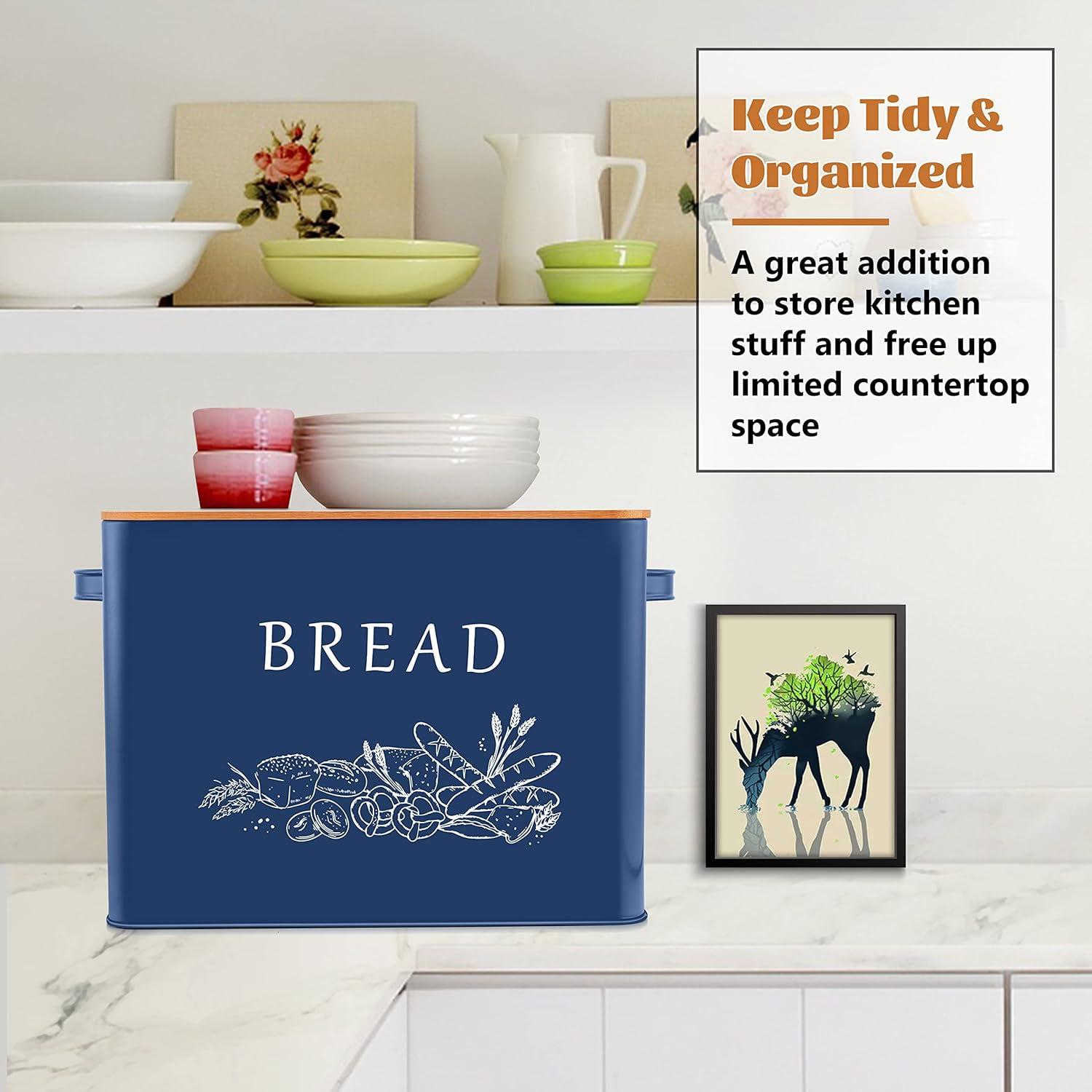 imageEfar Bread Box for Kitchen Countertop Metal Bread Storage Container Bin with Bamboo Lid for Cutting Bread Extra Large amp Farmhouse Style 13 x 72 x98 BlackNavy Blue