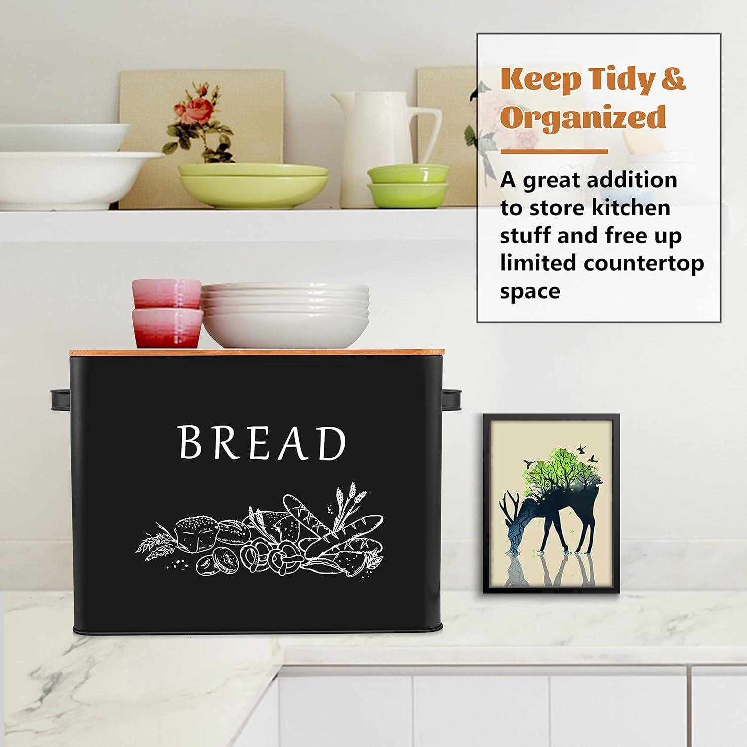 imageEfar Bread Box for Kitchen Countertop Metal Bread Storage Container Bin with Bamboo Lid for Cutting Bread Extra Large amp Farmhouse Style 13 x 72 x98 BlackBlack