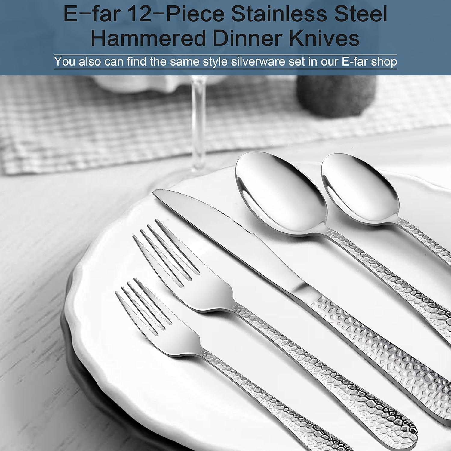 imageEfar Dinner Knives Set of 12 Stainless Steel Hammered Serrated Table Knife for Home Kitchen Restaurant Mirror Polished amp Dishwasher safe89 Inches6