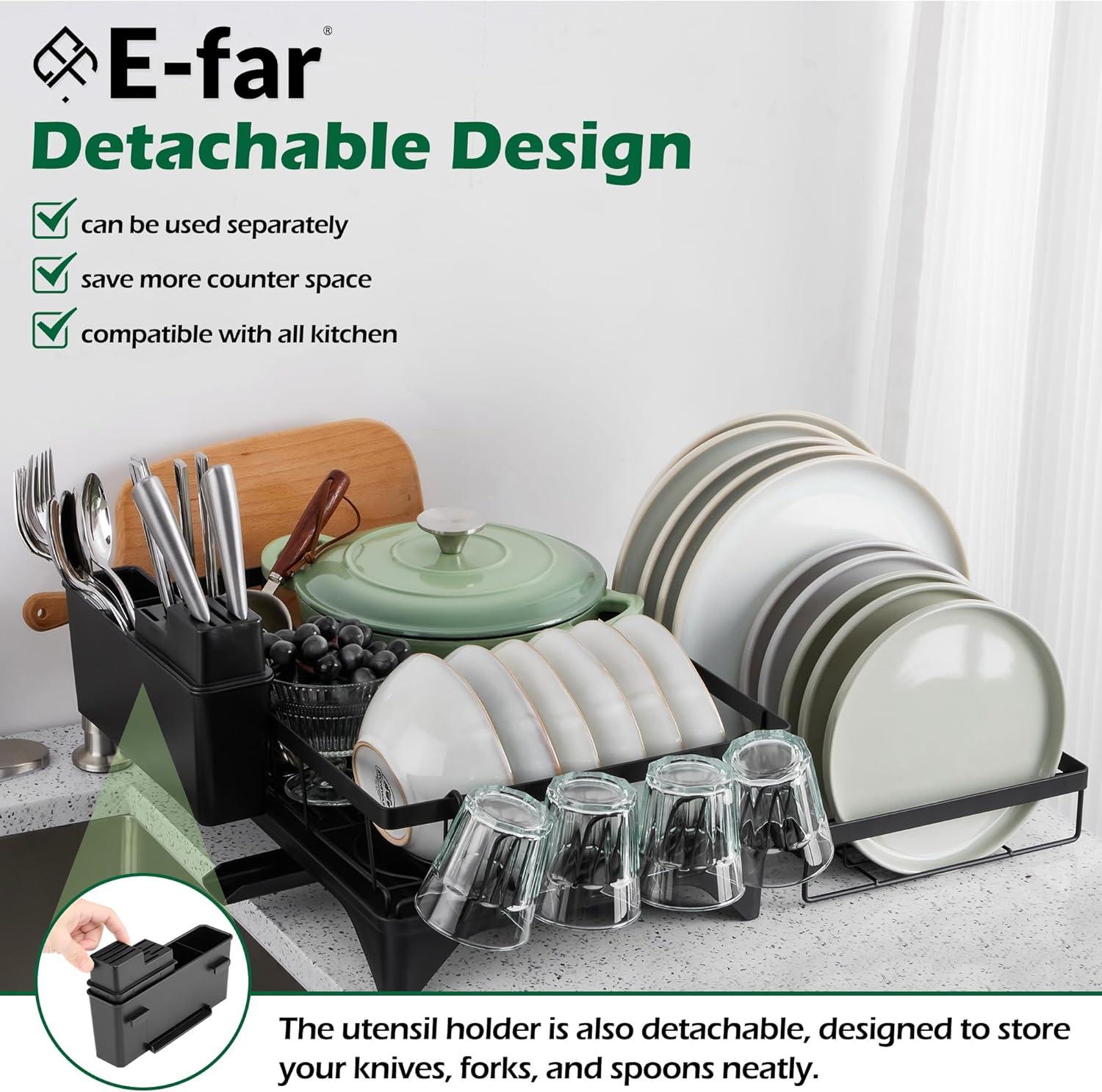 imageEfar Dish Drying Rack for Kitchen Counter 2 Tier Small Dish Drainer Drying Rack 167 x 118 x 139 Metal Organizer with Drainboard and Utensil Holder Large Capacity amp Space Saving Black