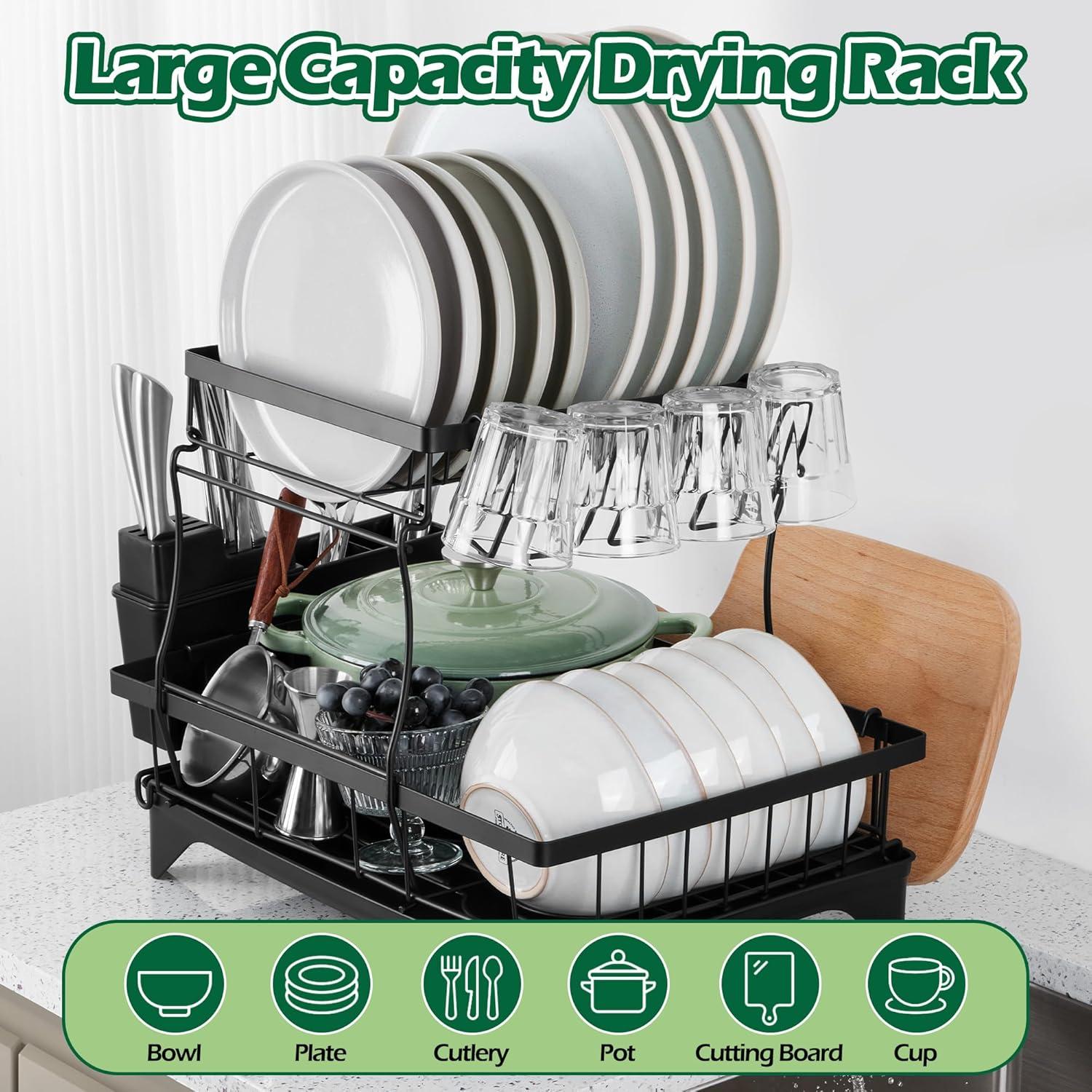 imageEfar Dish Drying Rack for Kitchen Counter 2 Tier Small Dish Drainer Drying Rack 167 x 118 x 139 Metal Organizer with Drainboard and Utensil Holder Large Capacity amp Space Saving Black