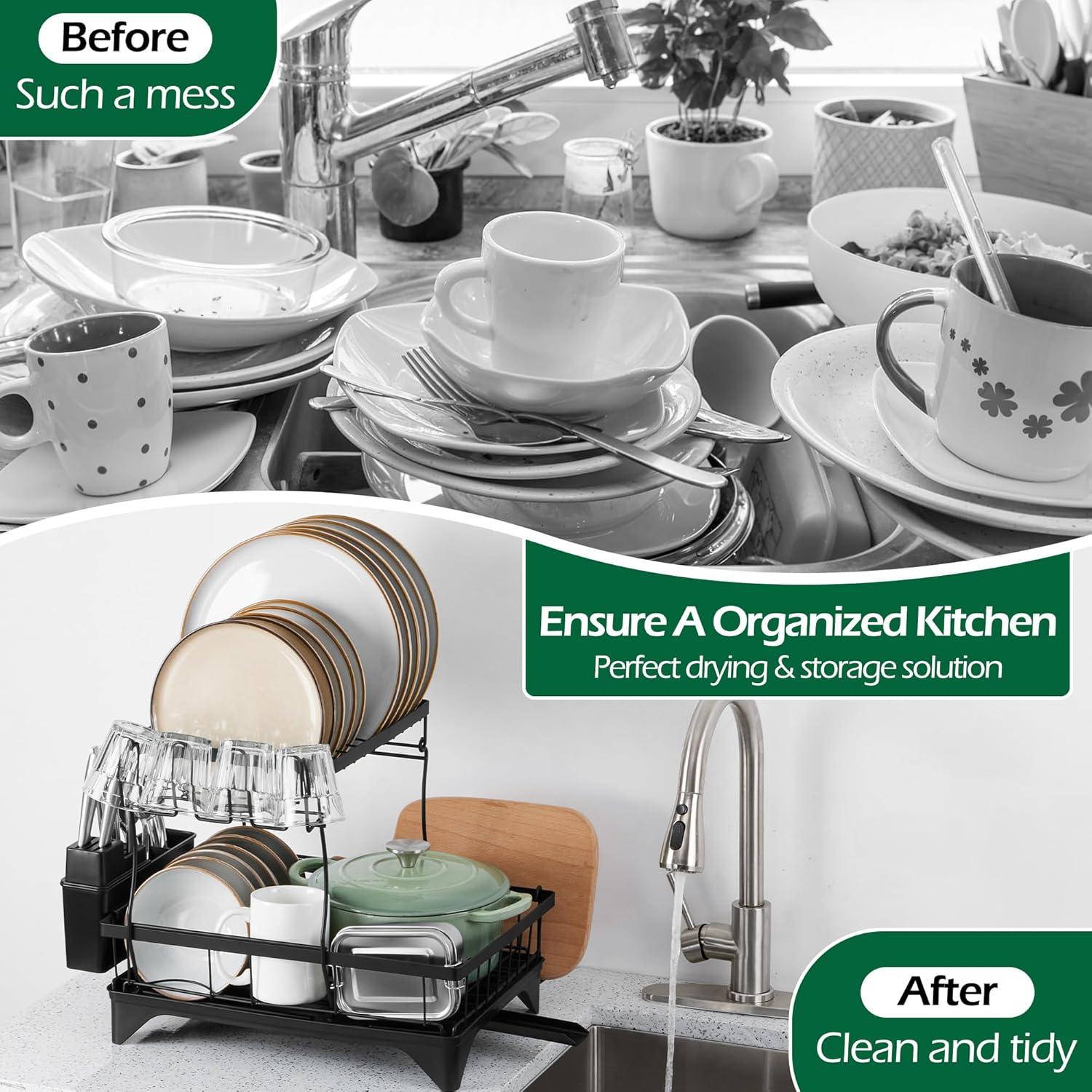 imageEfar Dish Drying Rack for Kitchen Counter 2 Tier Small Dish Drainer Drying Rack 167 x 118 x 139 Metal Organizer with Drainboard and Utensil Holder Large Capacity amp Space Saving Black