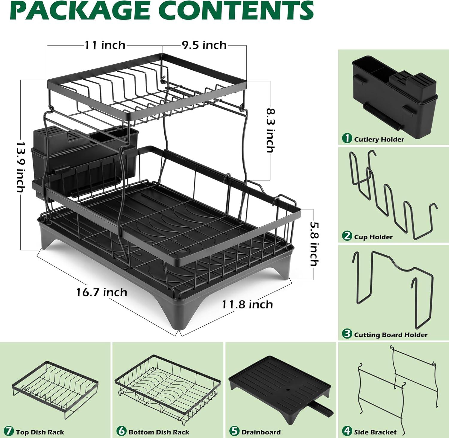 imageEfar Dish Drying Rack for Kitchen Counter 2 Tier Small Dish Drainer Drying Rack 167 x 118 x 139 Metal Organizer with Drainboard and Utensil Holder Large Capacity amp Space Saving Black