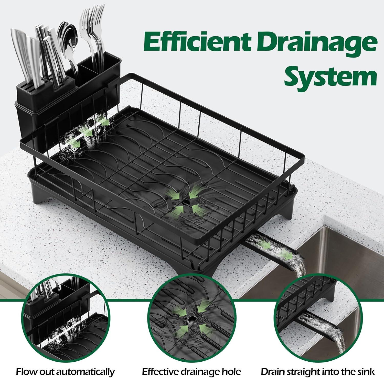 imageEfar Dish Drying Rack for Kitchen Counter 2 Tier Small Dish Drainer Drying Rack 167 x 118 x 139 Metal Organizer with Drainboard and Utensil Holder Large Capacity amp Space Saving Black