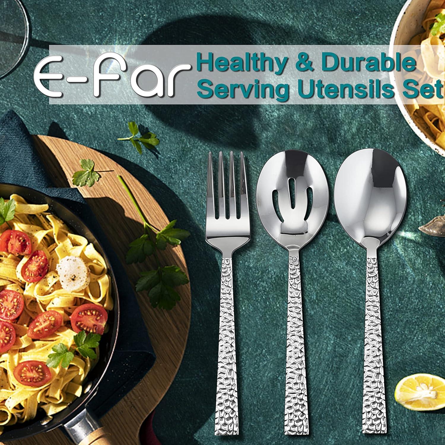 imageEfar Hammered Serving Utensils Set of 6 Stainless Steel 87 Inch Square Hostess Serving Set Metal Serving Spoon Slotted Spoons Forks for Party Buffet Catering Mirror Finished amp Dishwasher Safe