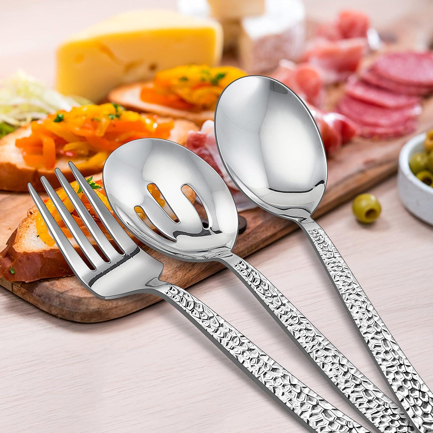 imageEfar Hammered Serving Utensils Set of 6 Stainless Steel 87 Inch Square Hostess Serving Set Metal Serving Spoon Slotted Spoons Forks for Party Buffet Catering Mirror Finished amp Dishwasher Safe