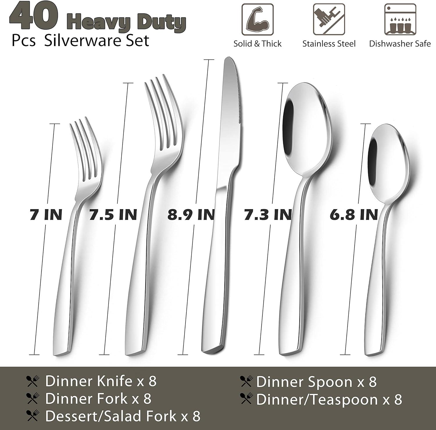 imageEfar Heavy Duty Silverware Set for 8 40Piece Stainless Steel Flatware Cutlery Set Thick Metal Eating Utensils Including Forks and Spoons Knife Heavy Weight amp Mirror Finish Dishwasher Safe40