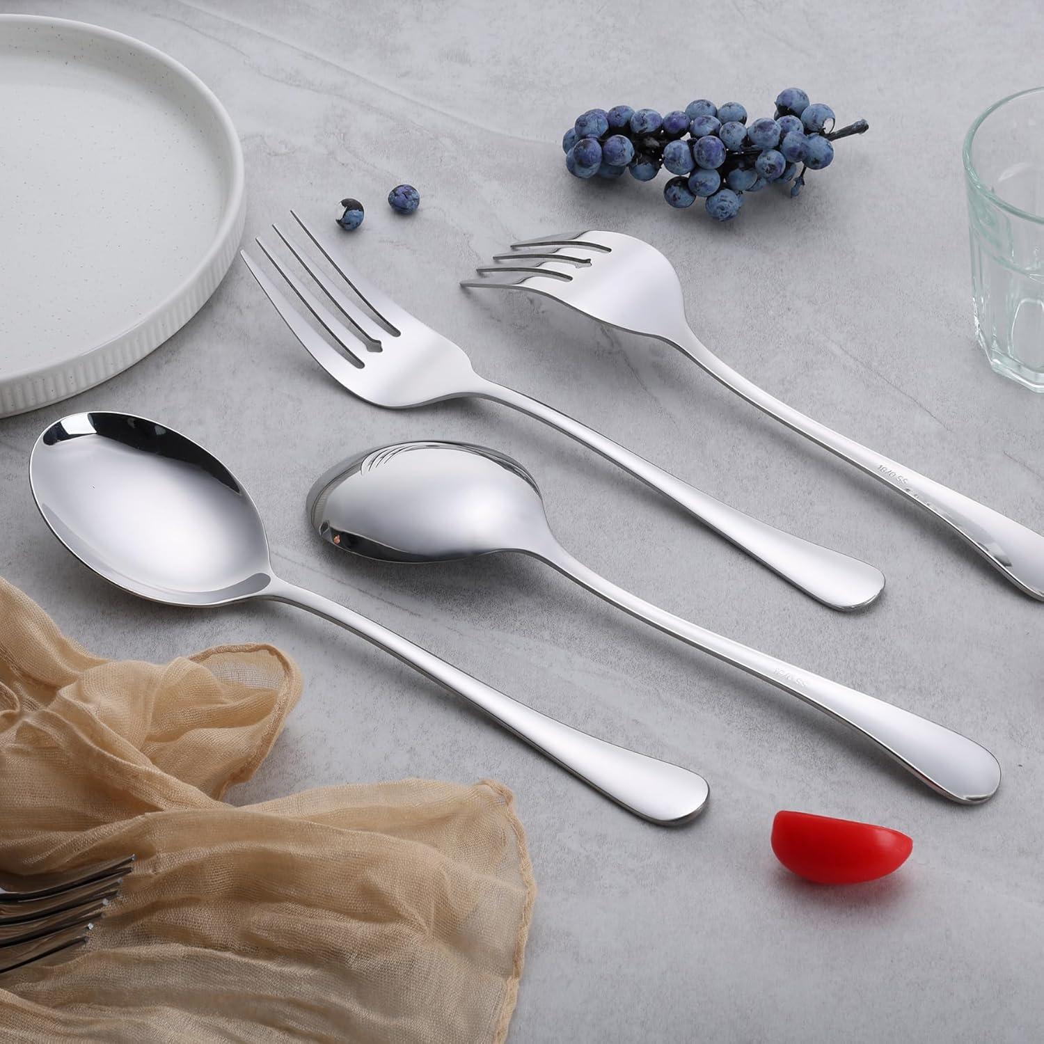 imageEfar Large Serving Utensils Set of 4 98 Inch Stainless Steel Serving Spoons amp Serving Forks Big Hostess Set for Buffet Party Catering Wedding Kitchen Restaurant Dishwasher SafeSolid Spoons Serving Forks