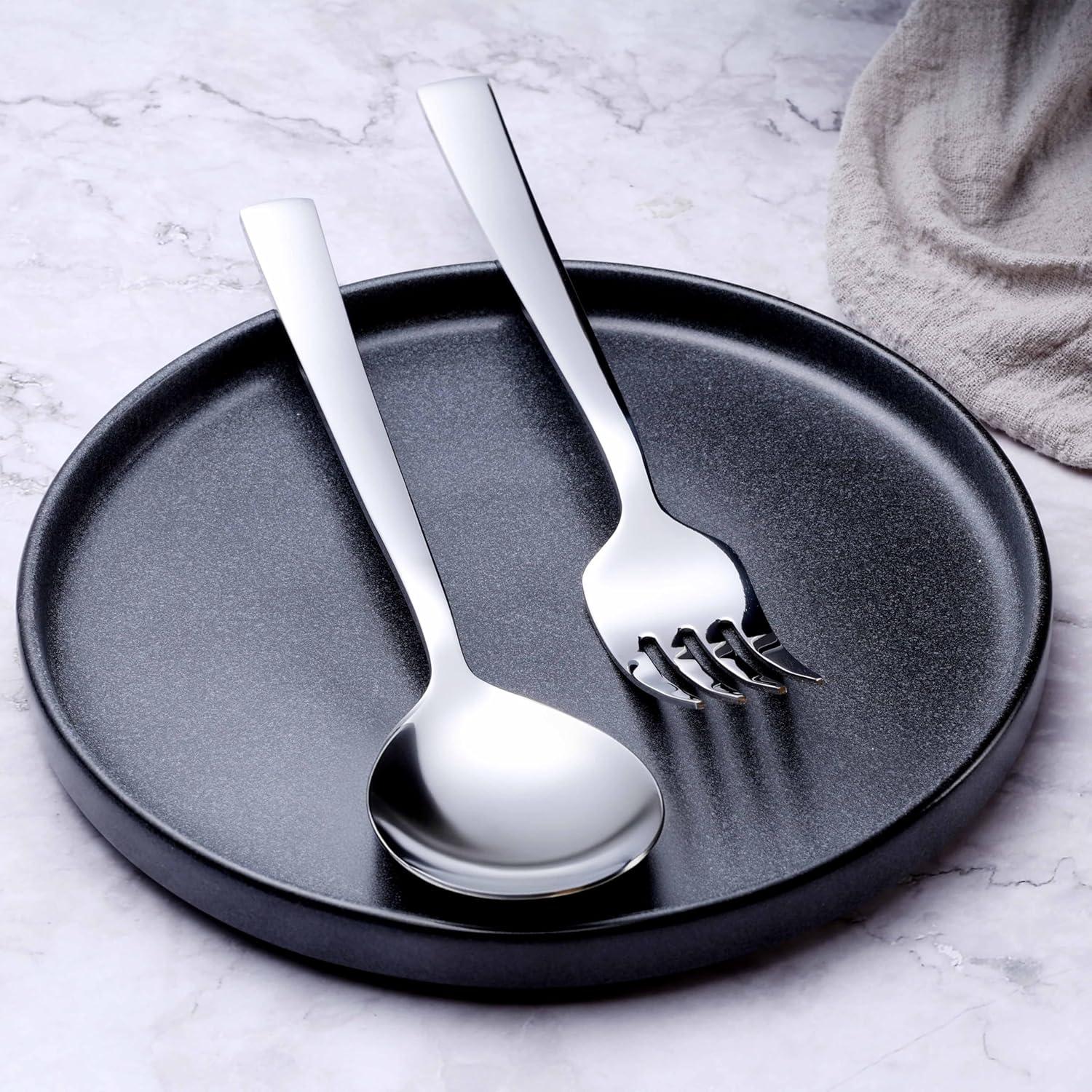 imageEfar Matte Black Serving Utensils Set of 6 Stainless Steel 87 Inch Hostess Serving Set Including MetalSlotted Spoons Forks for Party Buffet Catering Square Edge amp Rust FreeSilver