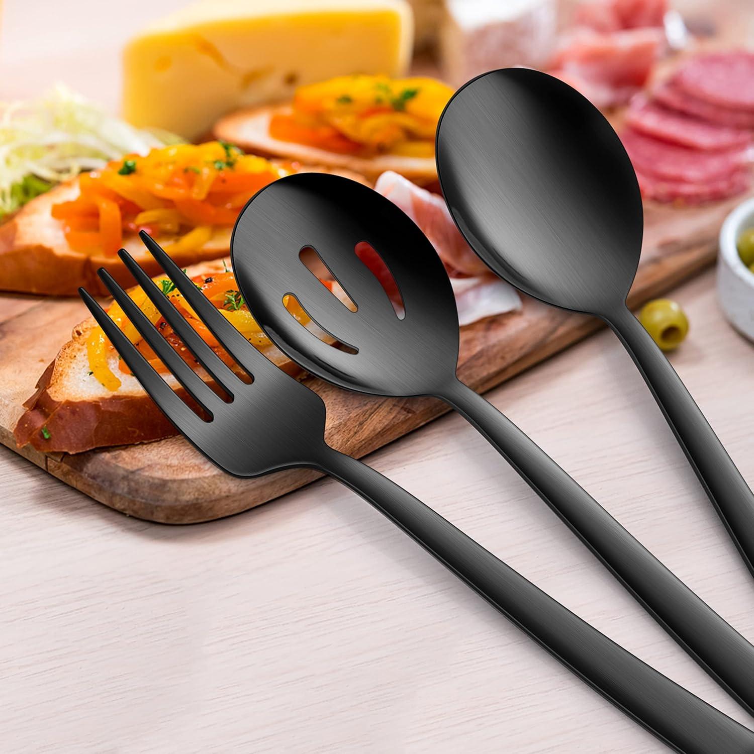 imageEfar Matte Black Serving Utensils Set of 6 Stainless Steel 87 Inch Hostess Serving Set Including MetalSlotted Spoons Forks for Party Buffet Catering Square Edge amp Rust FreeBlack