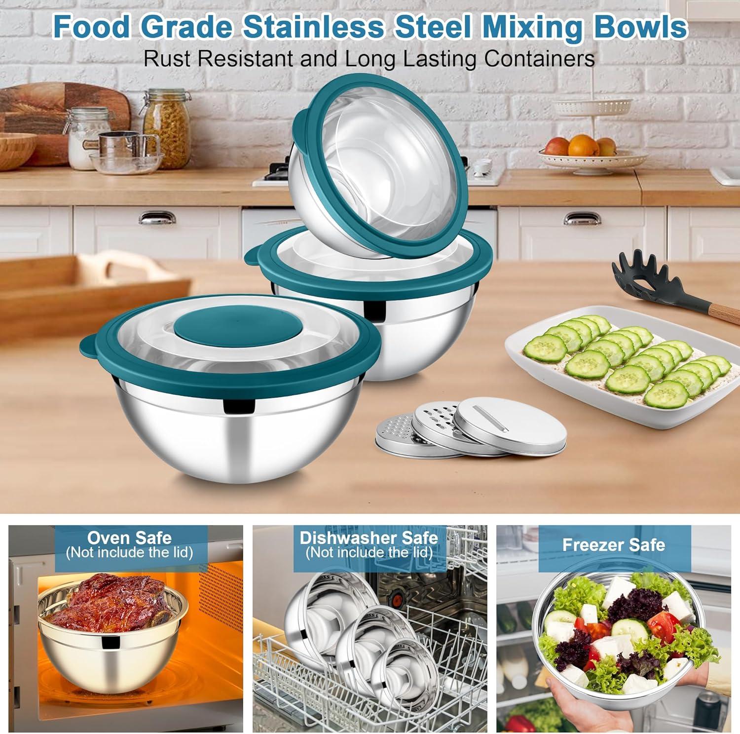 imageEfar Mixing Bowls Set of 5 Stainless Steel Salad Mixing Bowl with Transparent Lid Metal Nesting Bowl Attach with 3 Graters for Kitchen PreppingServingBakingStorage 462615107 QT BlackTeal Blue