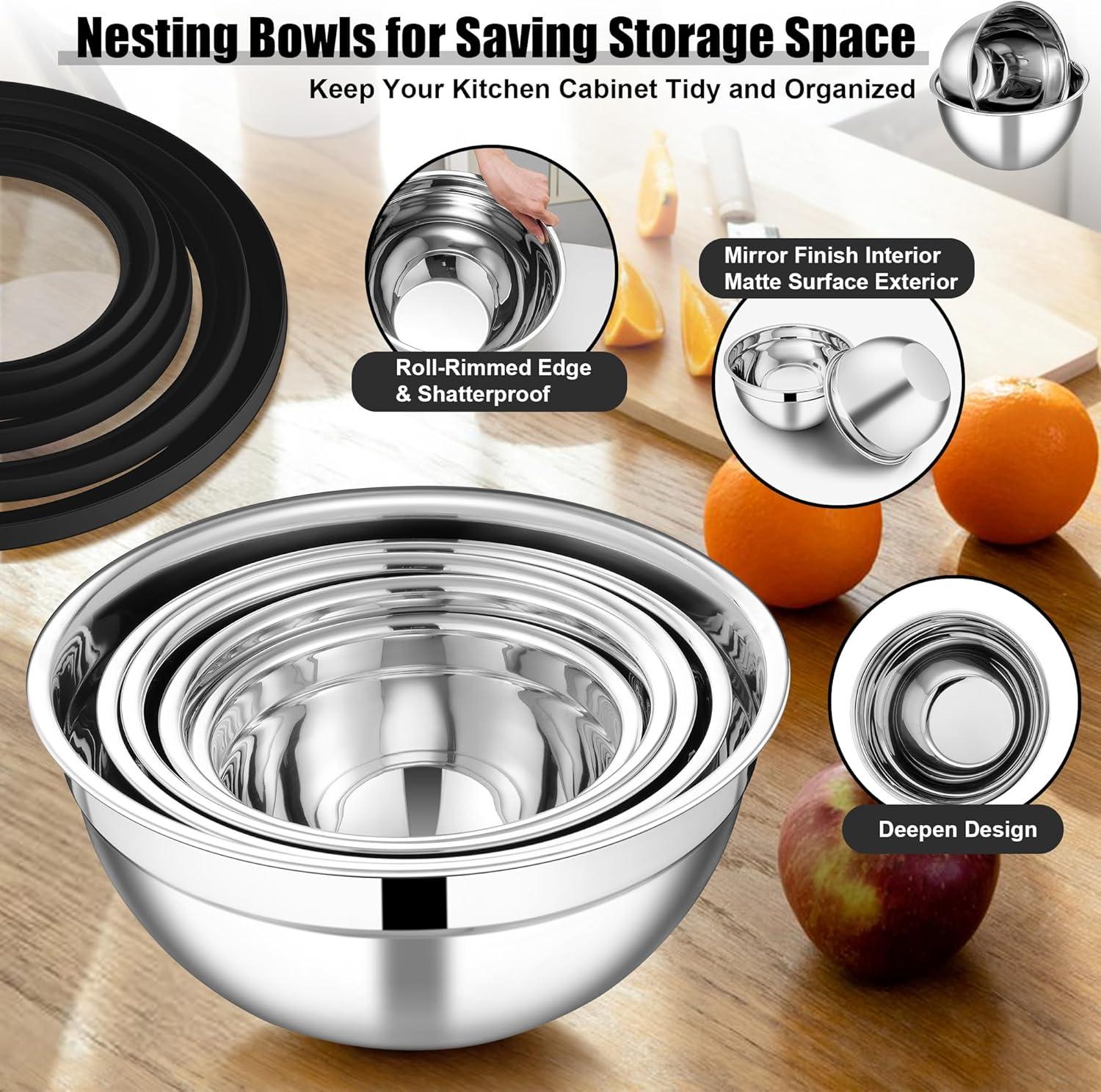 imageEfar Mixing Bowls Set of 5 Stainless Steel Salad Mixing Bowl with Transparent Lid Metal Nesting Bowl Attach with 3 Graters for Kitchen PreppingServingBakingStorage 462615107 QT BlackBlack