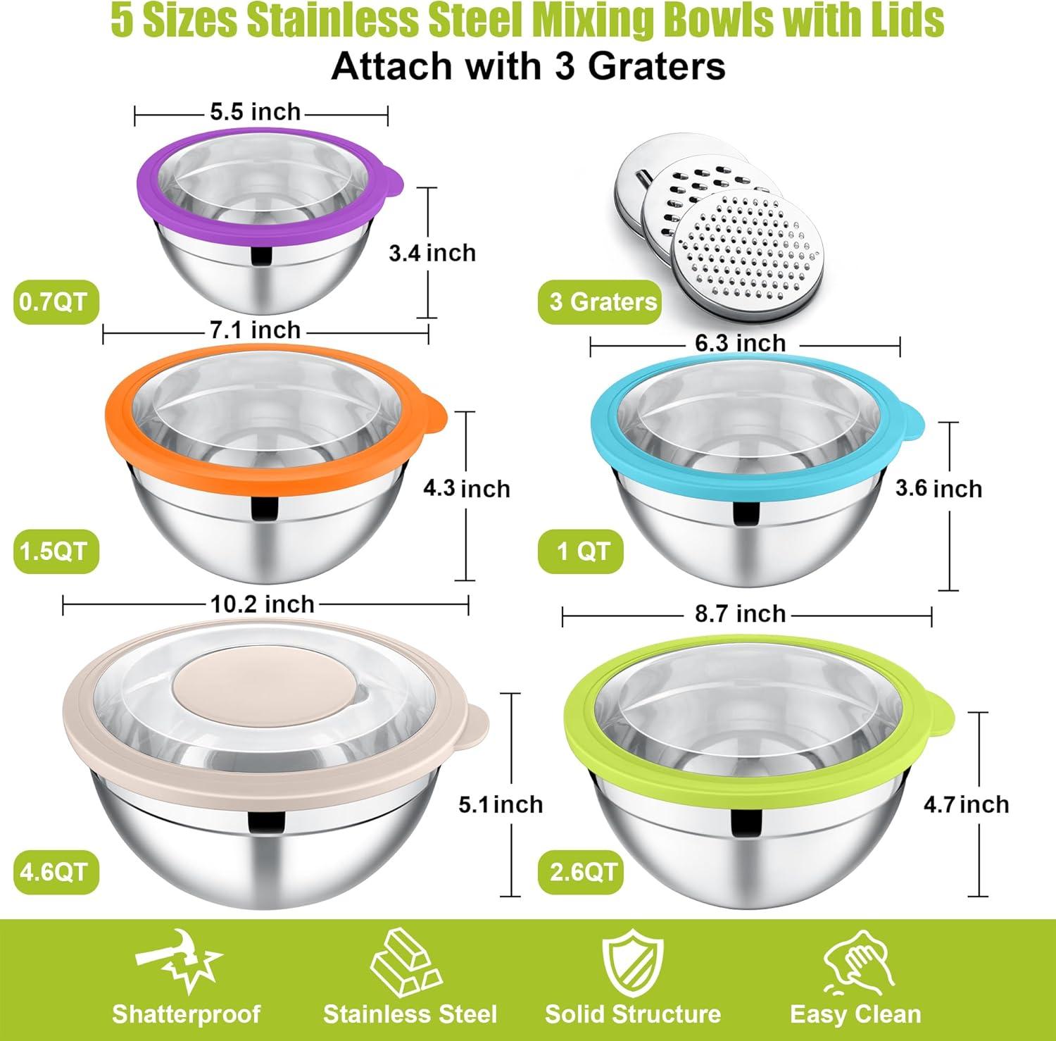 imageEfar Mixing Bowls Set of 5 Stainless Steel Salad Mixing Bowl with Transparent Lid Metal Nesting Bowl Attach with 3 Graters for Kitchen PreppingServingBakingStorage 462615107 QT BlackColorful