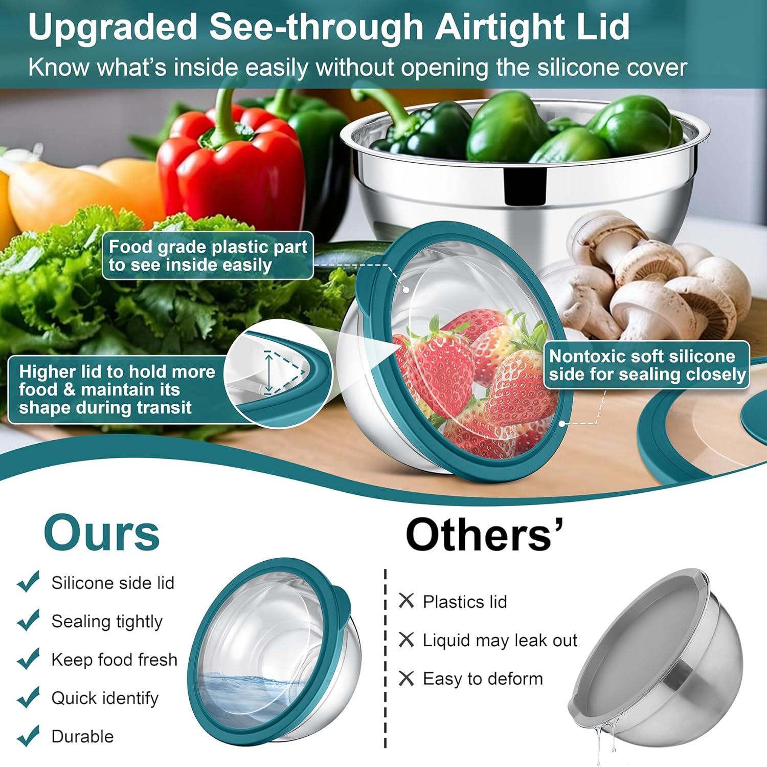 imageEfar Mixing Bowls Set of 5 Stainless Steel Salad Mixing Bowl with Transparent Lid Metal Nesting Bowl Attach with 3 Graters for Kitchen PreppingServingBakingStorage 462615107 QT BlackTeal Blue