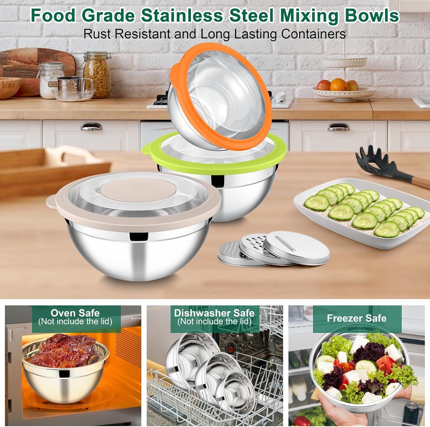 imageEfar Mixing Bowls Set of 5 Stainless Steel Salad Mixing Bowl with Transparent Lid Metal Nesting Bowl Attach with 3 Graters for Kitchen PreppingServingBakingStorage 462615107 QT BlackColorful