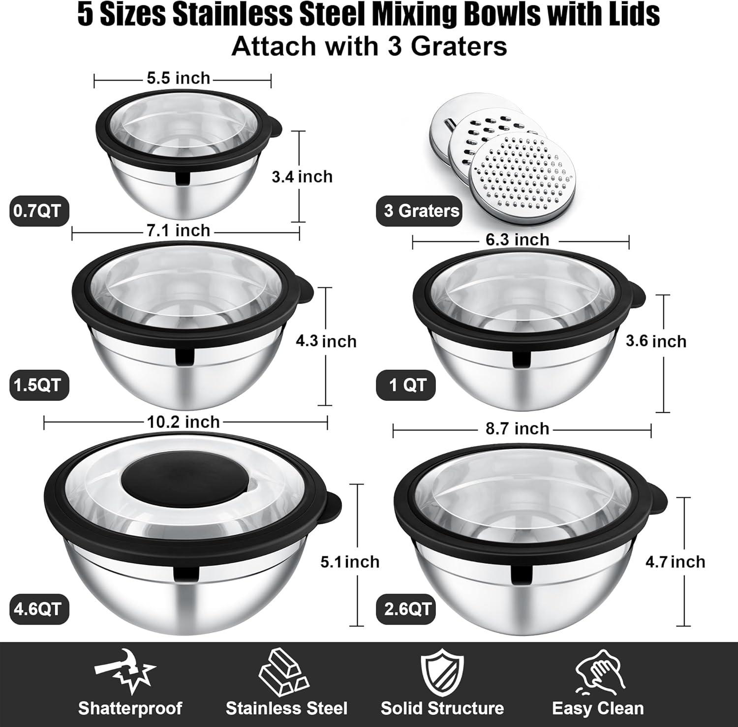 imageEfar Mixing Bowls Set of 5 Stainless Steel Salad Mixing Bowl with Transparent Lid Metal Nesting Bowl Attach with 3 Graters for Kitchen PreppingServingBakingStorage 462615107 QT BlackBlack