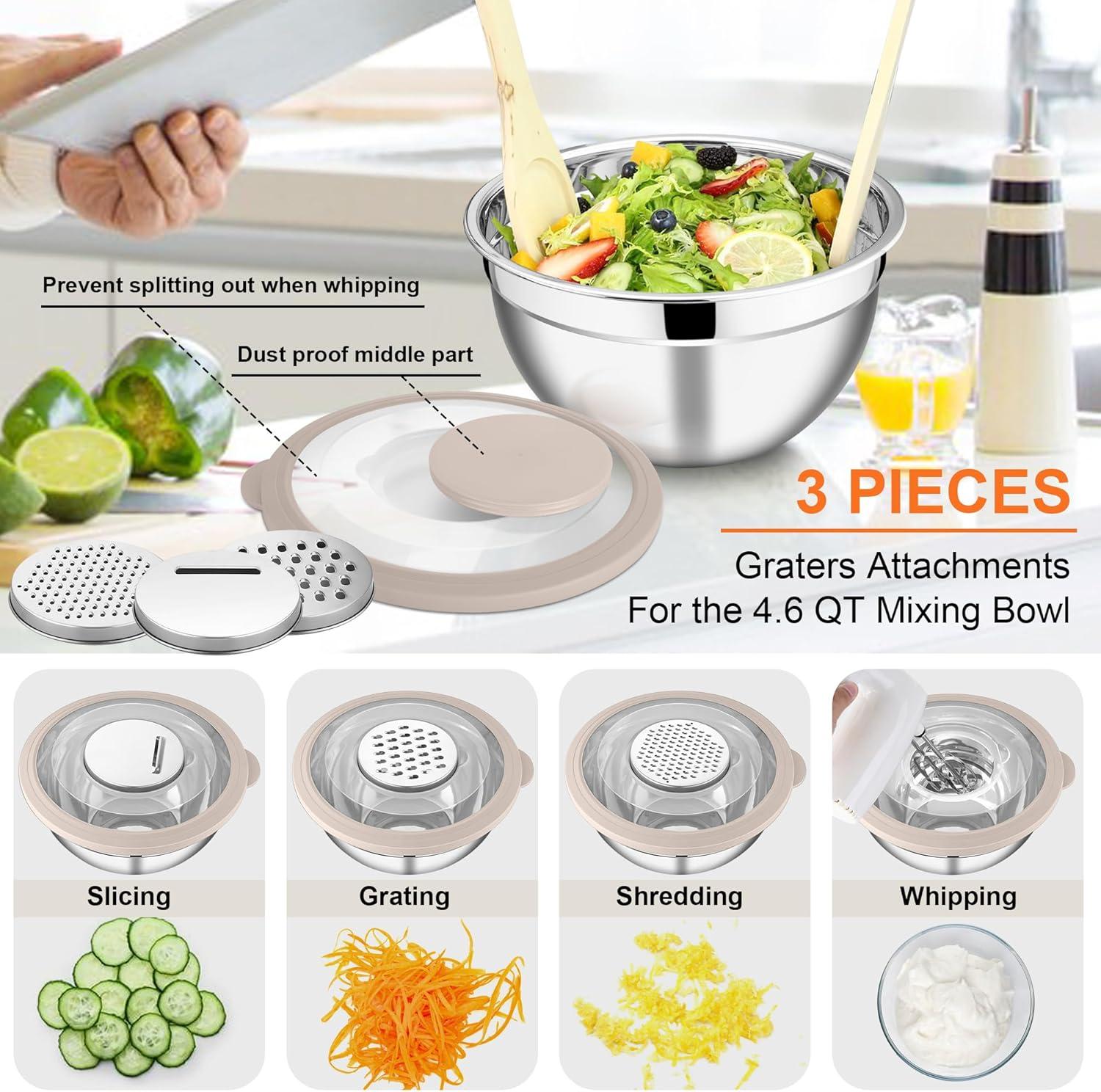 imageEfar Mixing Bowls Set of 5 Stainless Steel Salad Mixing Bowl with Transparent Lid Metal Nesting Bowl Attach with 3 Graters for Kitchen PreppingServingBakingStorage 462615107 QT BlackKhaki