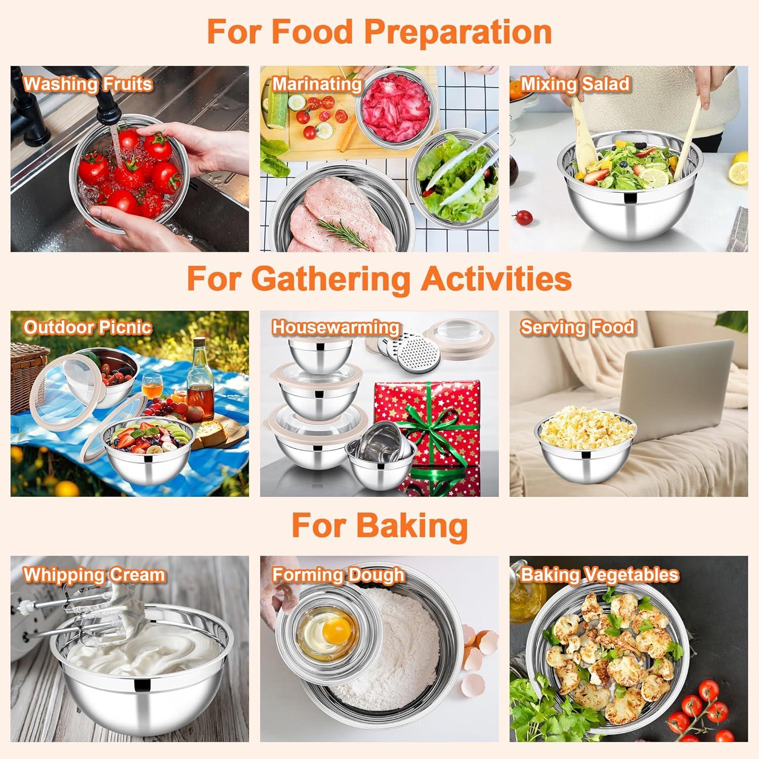 imageEfar Mixing Bowls Set of 5 Stainless Steel Salad Mixing Bowl with Transparent Lid Metal Nesting Bowl Attach with 3 Graters for Kitchen PreppingServingBakingStorage 462615107 QT BlackKhaki