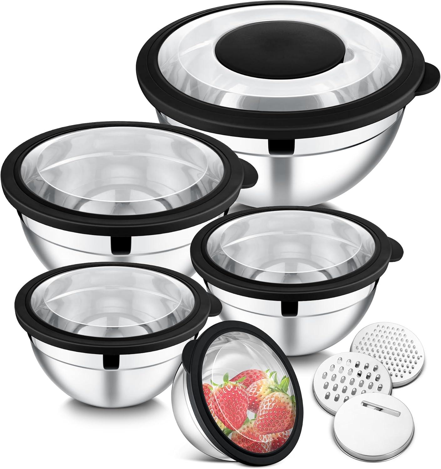 imageEfar Mixing Bowls Set of 5 Stainless Steel Salad Mixing Bowl with Transparent Lid Metal Nesting Bowl Attach with 3 Graters for Kitchen PreppingServingBakingStorage 462615107 QT BlackBlack