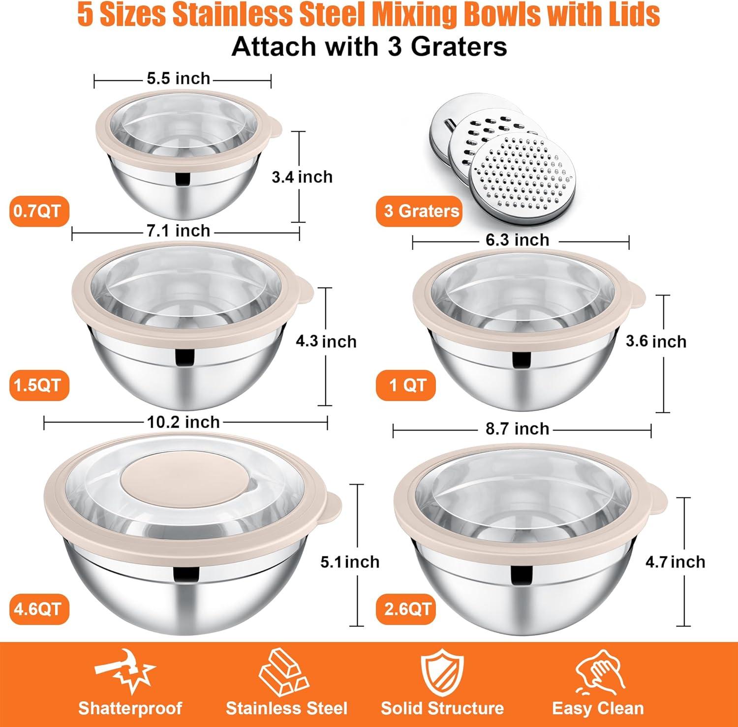 imageEfar Mixing Bowls Set of 5 Stainless Steel Salad Mixing Bowl with Transparent Lid Metal Nesting Bowl Attach with 3 Graters for Kitchen PreppingServingBakingStorage 462615107 QT BlackKhaki