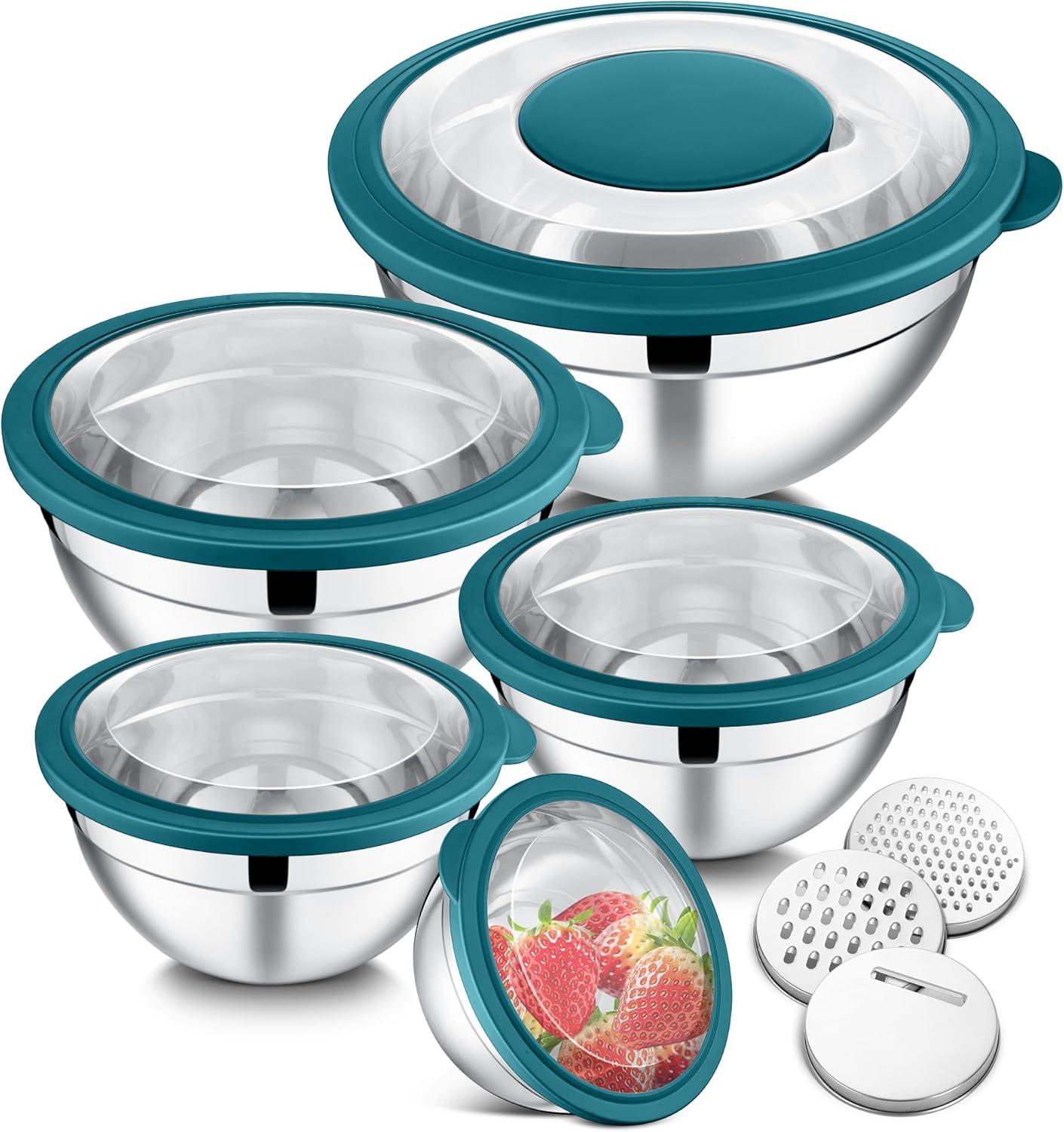 imageEfar Mixing Bowls Set of 5 Stainless Steel Salad Mixing Bowl with Transparent Lid Metal Nesting Bowl Attach with 3 Graters for Kitchen PreppingServingBakingStorage 462615107 QT BlackTeal Blue