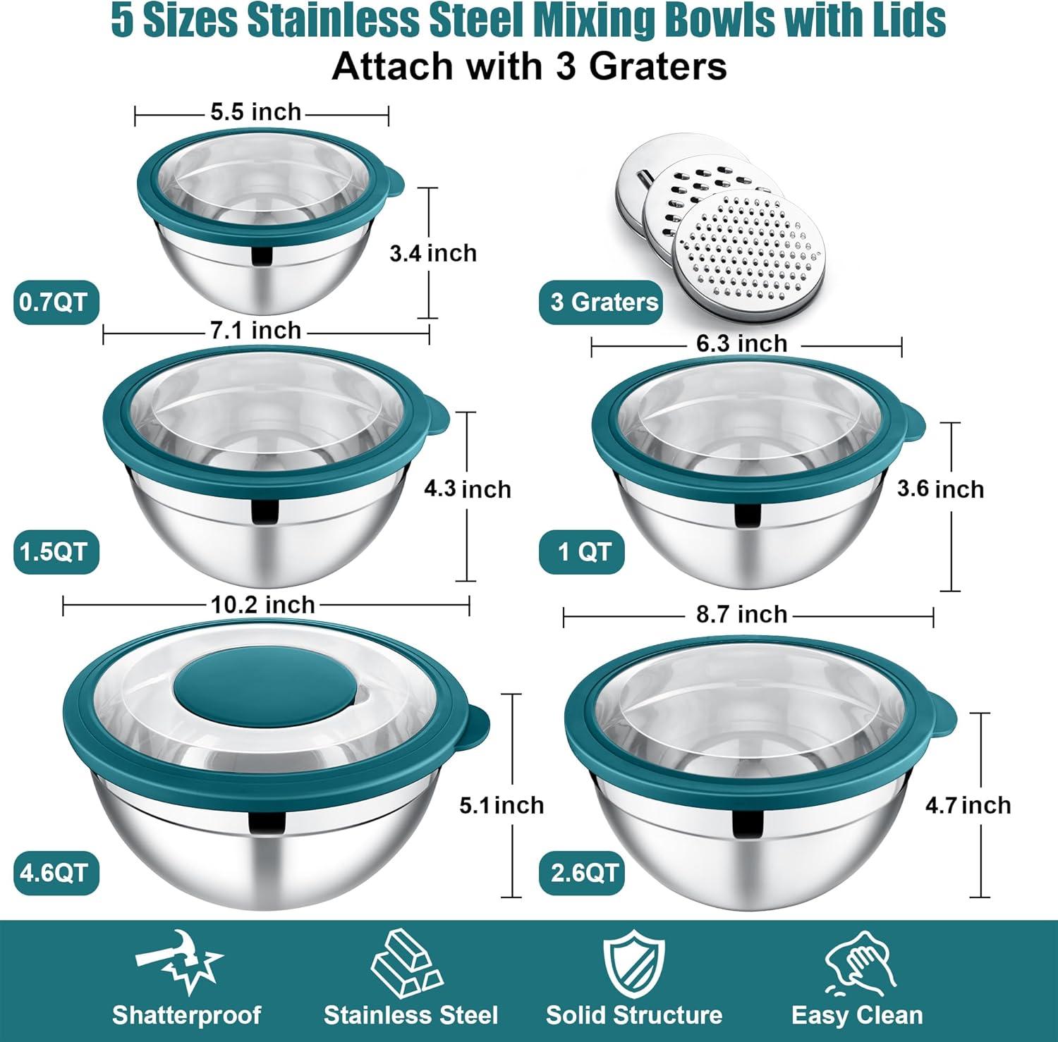 imageEfar Mixing Bowls Set of 5 Stainless Steel Salad Mixing Bowl with Transparent Lid Metal Nesting Bowl Attach with 3 Graters for Kitchen PreppingServingBakingStorage 462615107 QT BlackTeal Blue