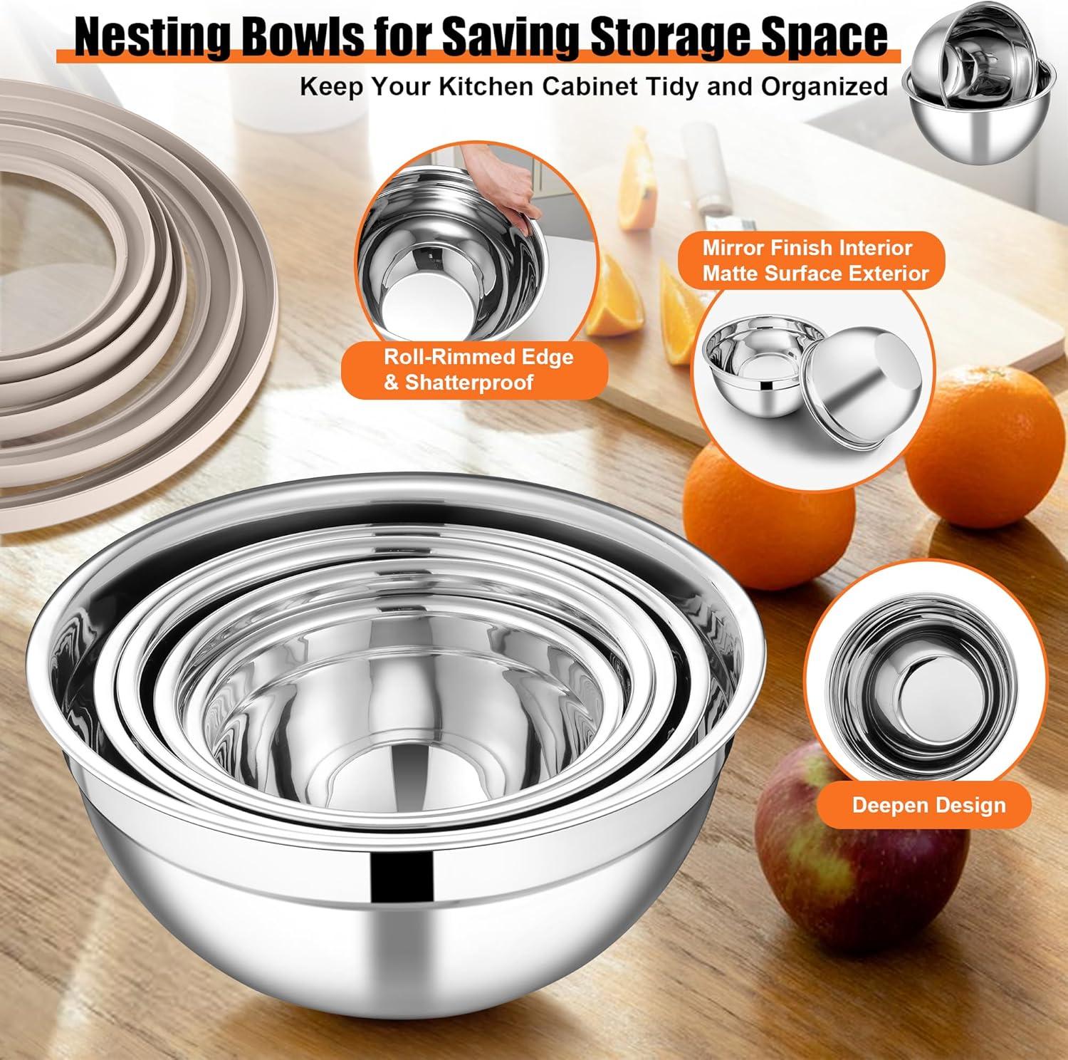 imageEfar Mixing Bowls Set of 5 Stainless Steel Salad Mixing Bowl with Transparent Lid Metal Nesting Bowl Attach with 3 Graters for Kitchen PreppingServingBakingStorage 462615107 QT BlackKhaki