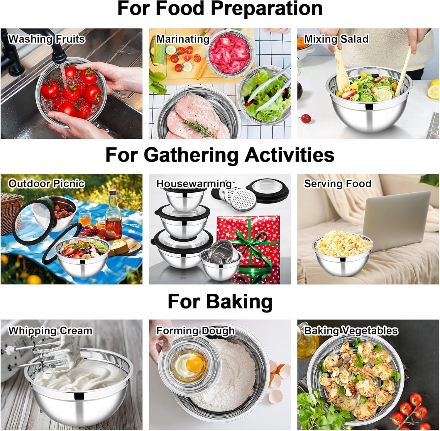 imageEfar Mixing Bowls Set of 5 Stainless Steel Salad Mixing Bowl with Transparent Lid Metal Nesting Bowl Attach with 3 Graters for Kitchen PreppingServingBakingStorage 462615107 QT BlackBlack