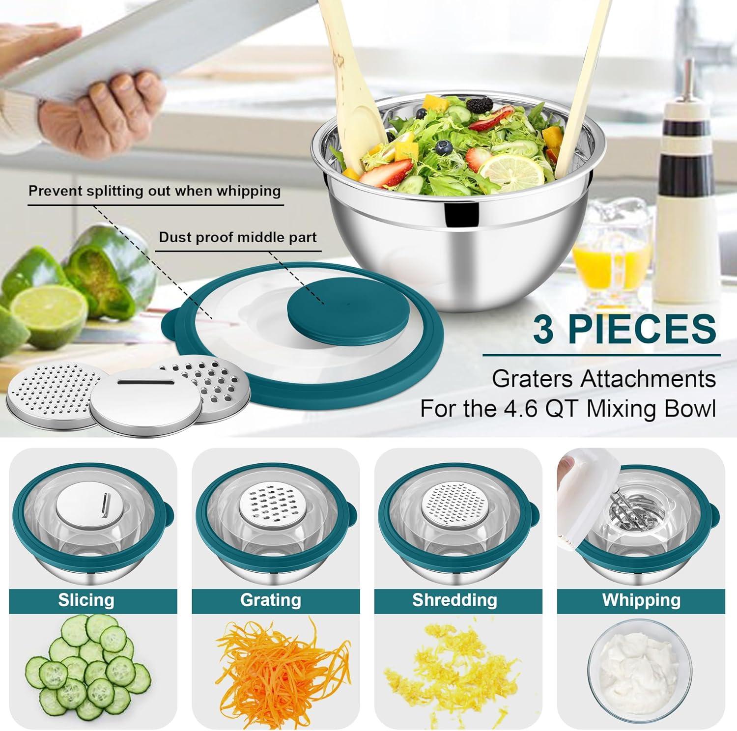 imageEfar Mixing Bowls Set of 5 Stainless Steel Salad Mixing Bowl with Transparent Lid Metal Nesting Bowl Attach with 3 Graters for Kitchen PreppingServingBakingStorage 462615107 QT BlackTeal Blue