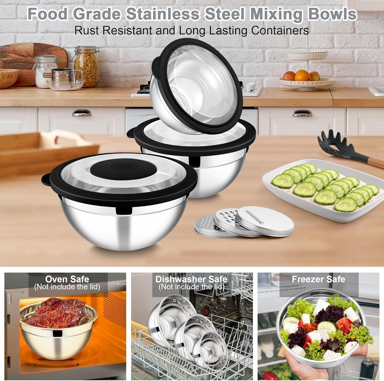 imageEfar Mixing Bowls Set of 5 Stainless Steel Salad Mixing Bowl with Transparent Lid Metal Nesting Bowl Attach with 3 Graters for Kitchen PreppingServingBakingStorage 462615107 QT BlackBlack