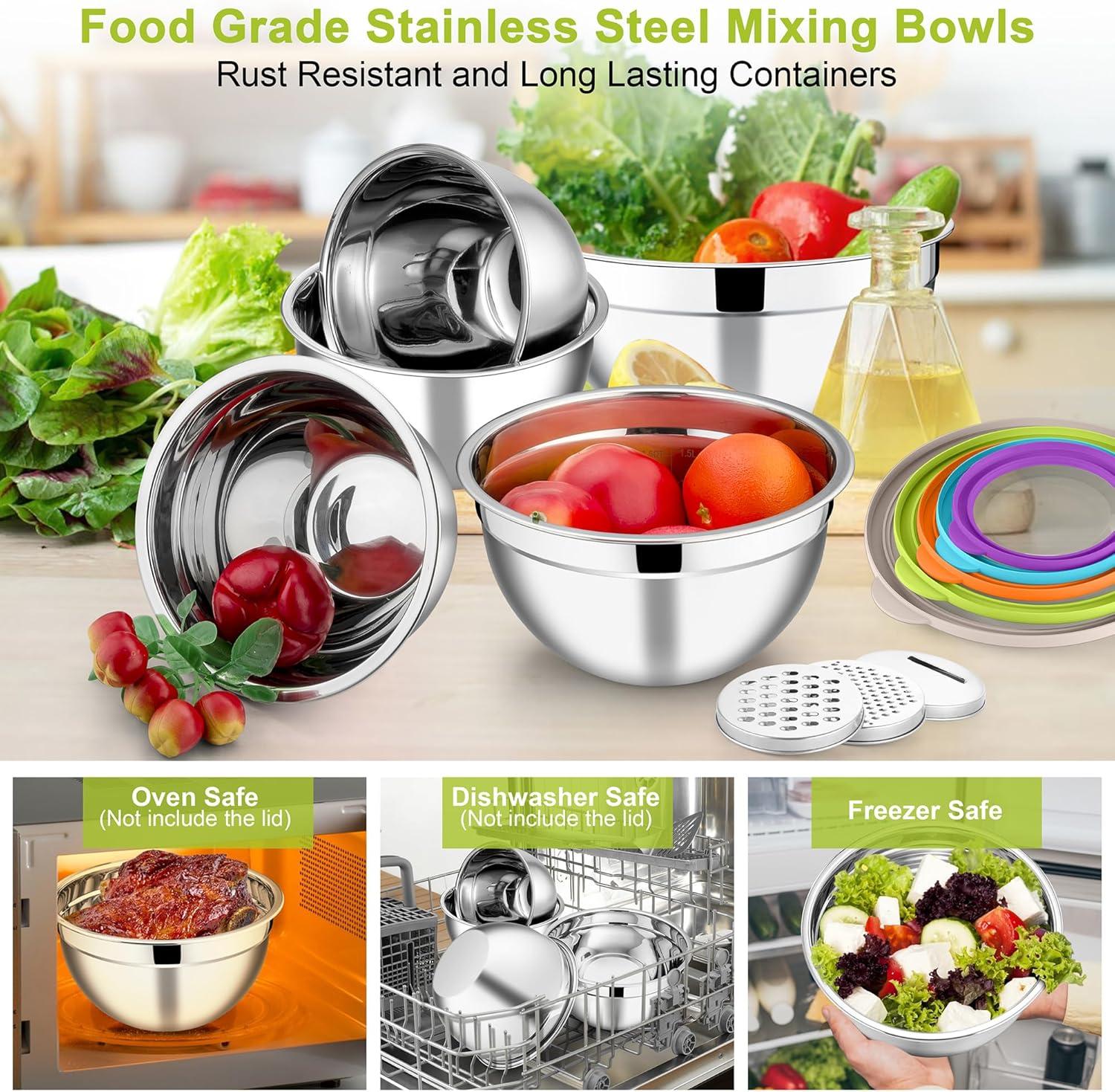 imageEfar Mixing Bowls Set of 5 Stainless Steel Salad Mixing Bowl with Transparent Lid Metal Nesting Bowl Attach with 3 Graters for Kitchen PreppingServingBakingStorage 462615107 QT BlackColorful